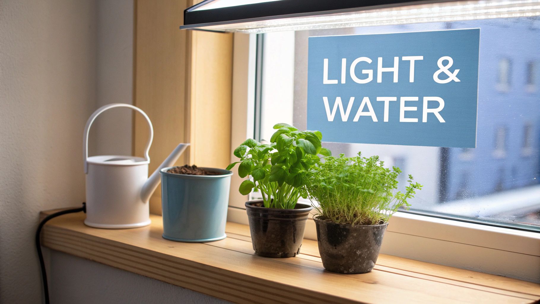 Woman tending to indoor herb garden near a bright window.