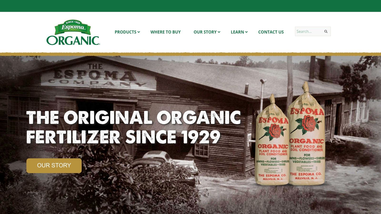 Espoma website homepage showing their range of organic gardening products.