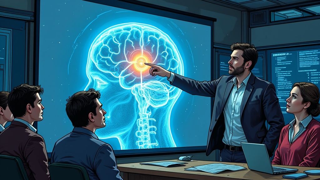 Image of people collaborating in a modern office setting with AI visuals displayed on a screen
