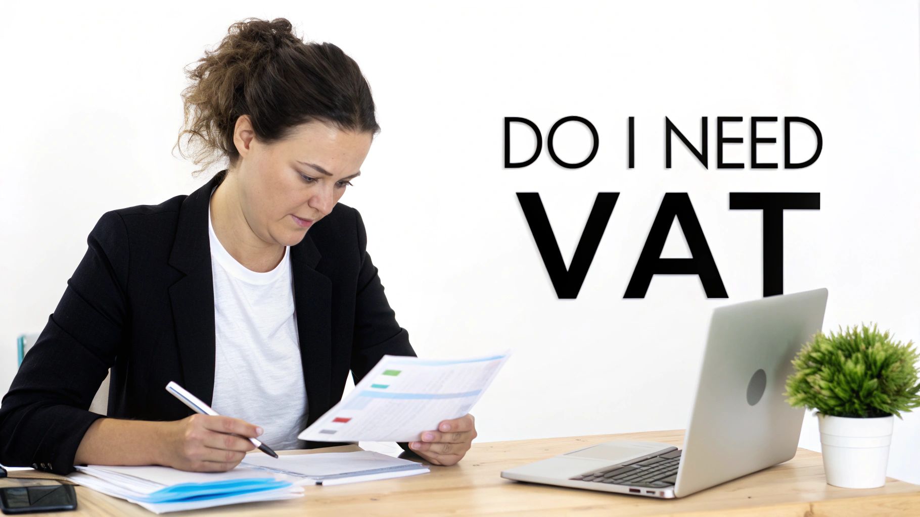 A woman at a desk reviewing documents, with text asking 'DO I NEED VAT?'