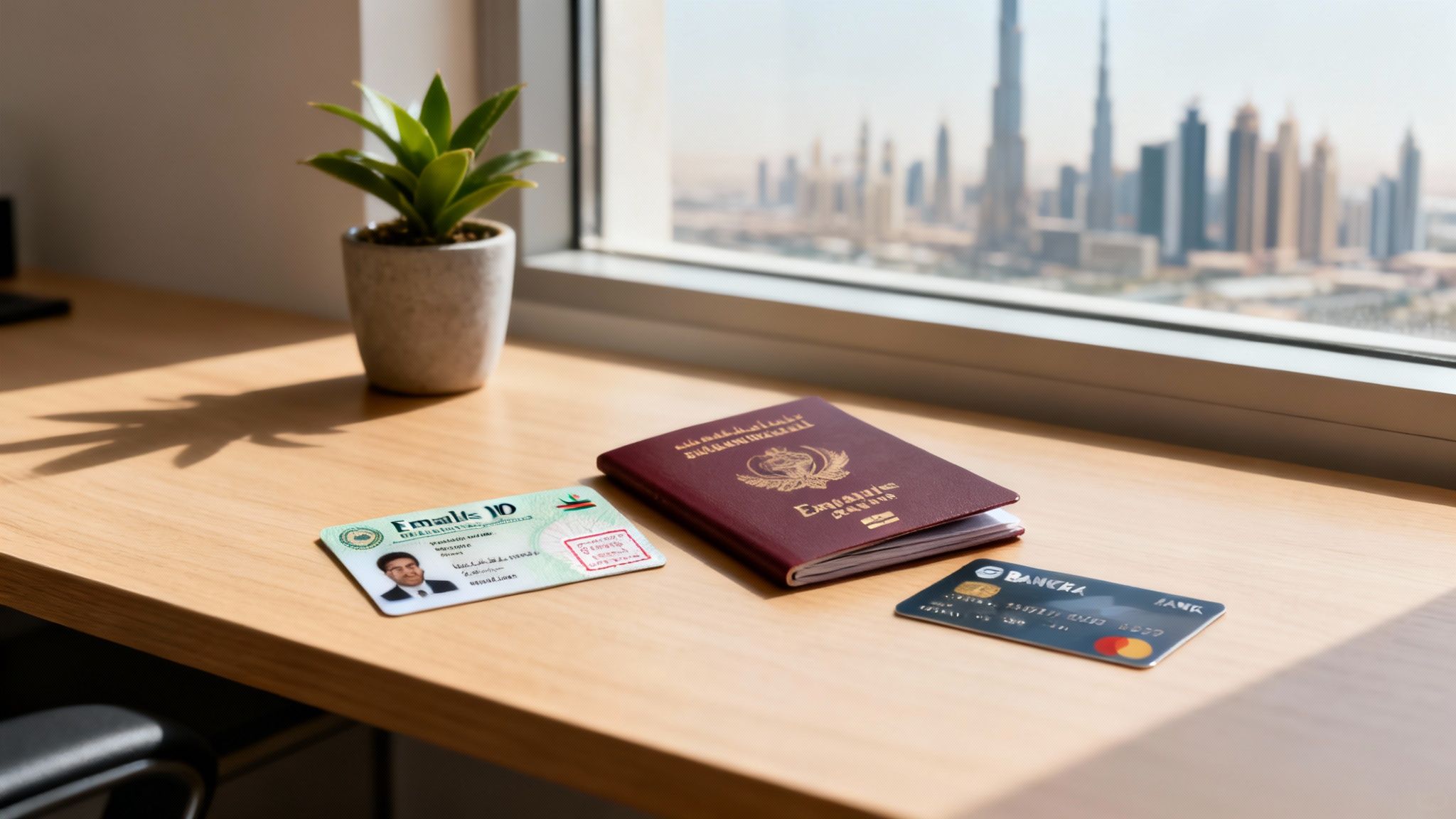 A wooden desk by a window with an Emirates ID, passport, and bank card, overlooking a city skyline.