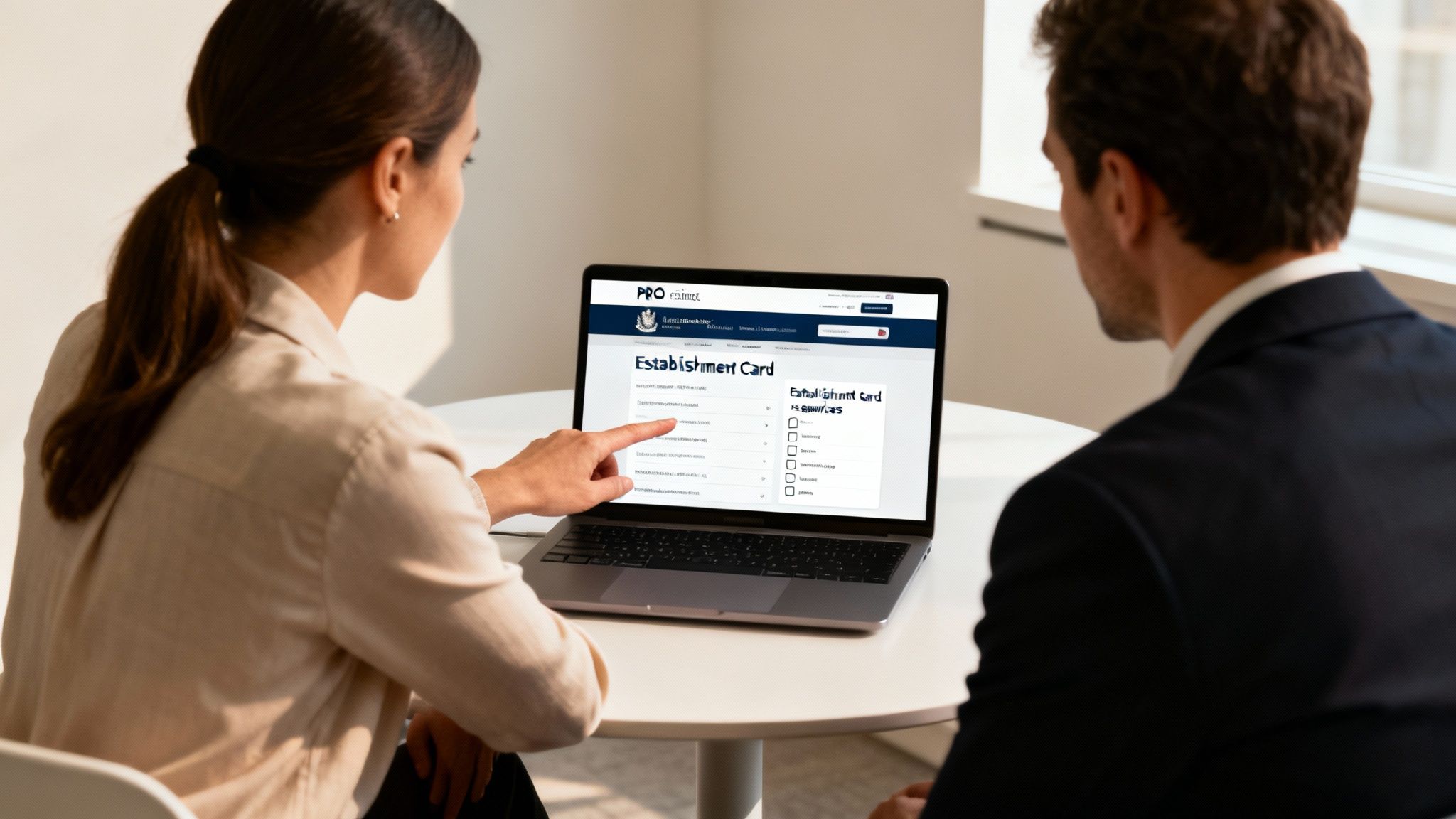 Two professionals reviewing an Establishment Card on a laptop, collaborating in an office setting.