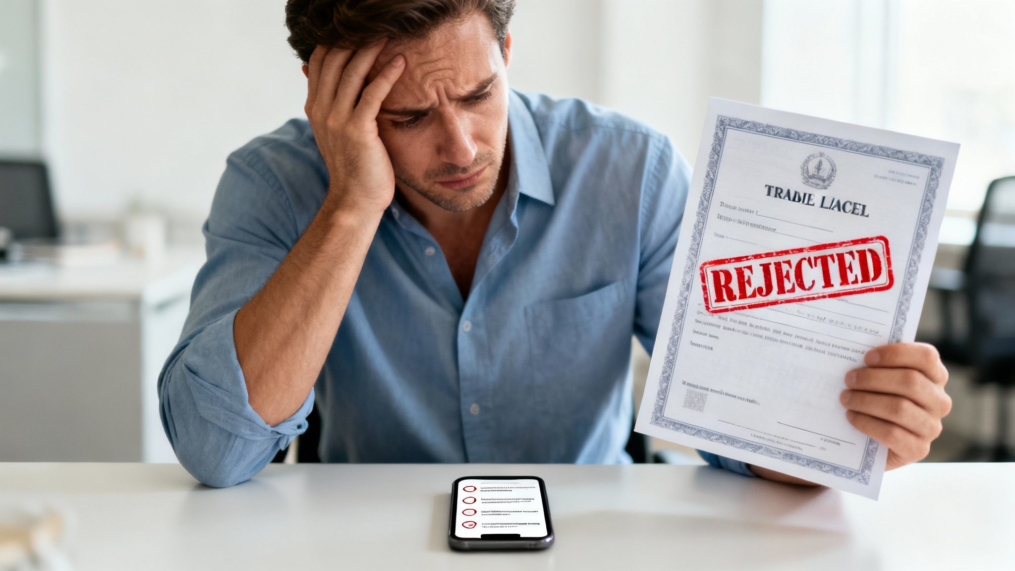 A distressed man holds a rejected trade license document while looking at a smartphone with unchecked items.