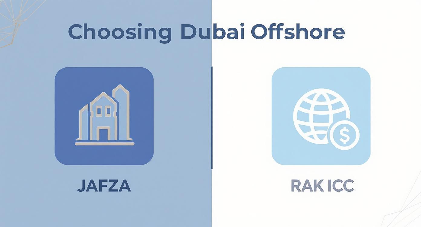 Comparing JAFZA and RAK ICC offshore company formation options in Dubai with distinct icons.