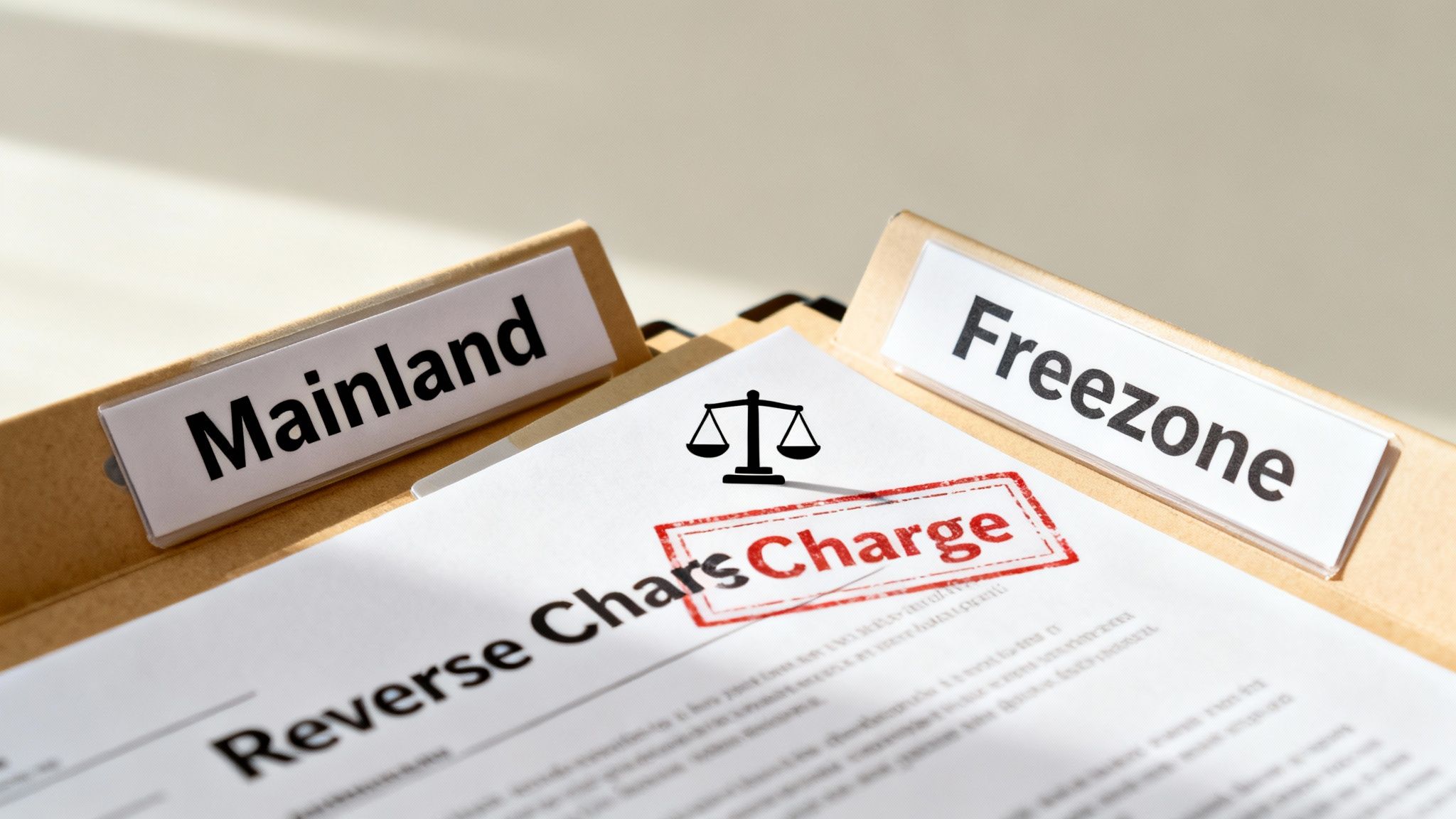 Document on Reverse Charge with Mainland and Freezone folders, featuring scales of justice.