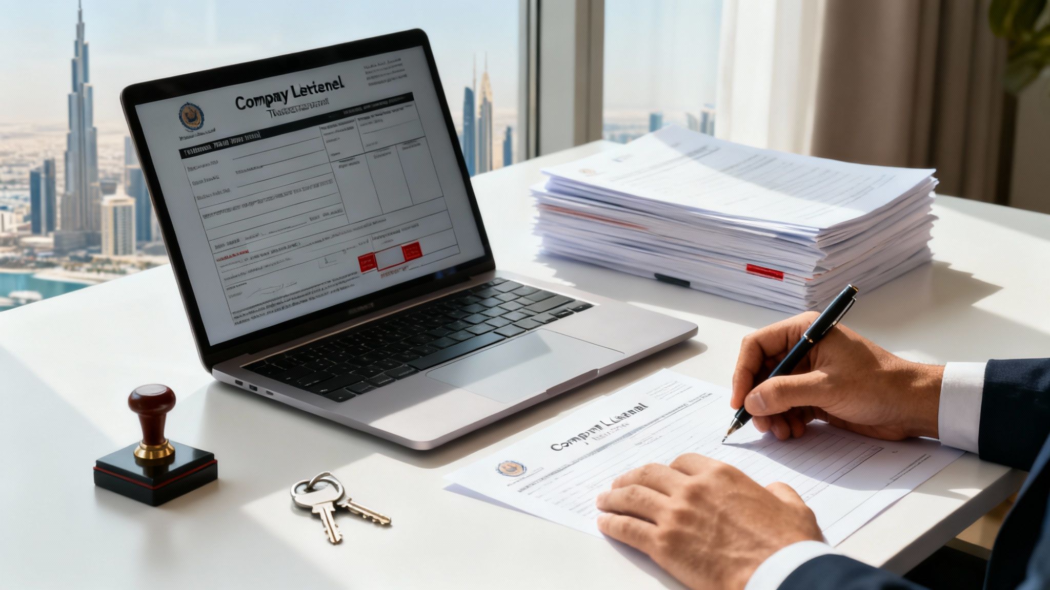 A professional is signing company formation documents at a desk with a laptop and city view.