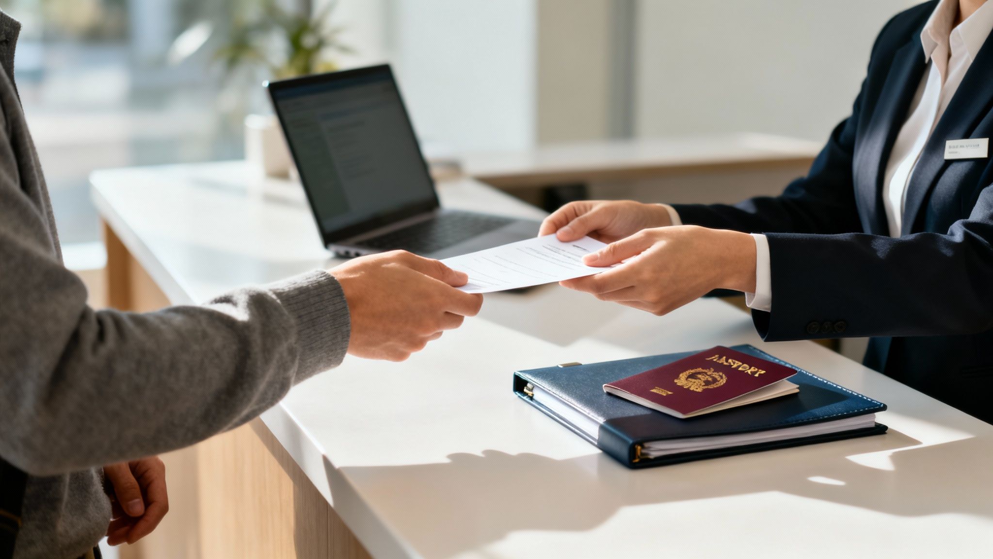 Close-up of hands exchanging a document at a reception desk with a passport and laptop.