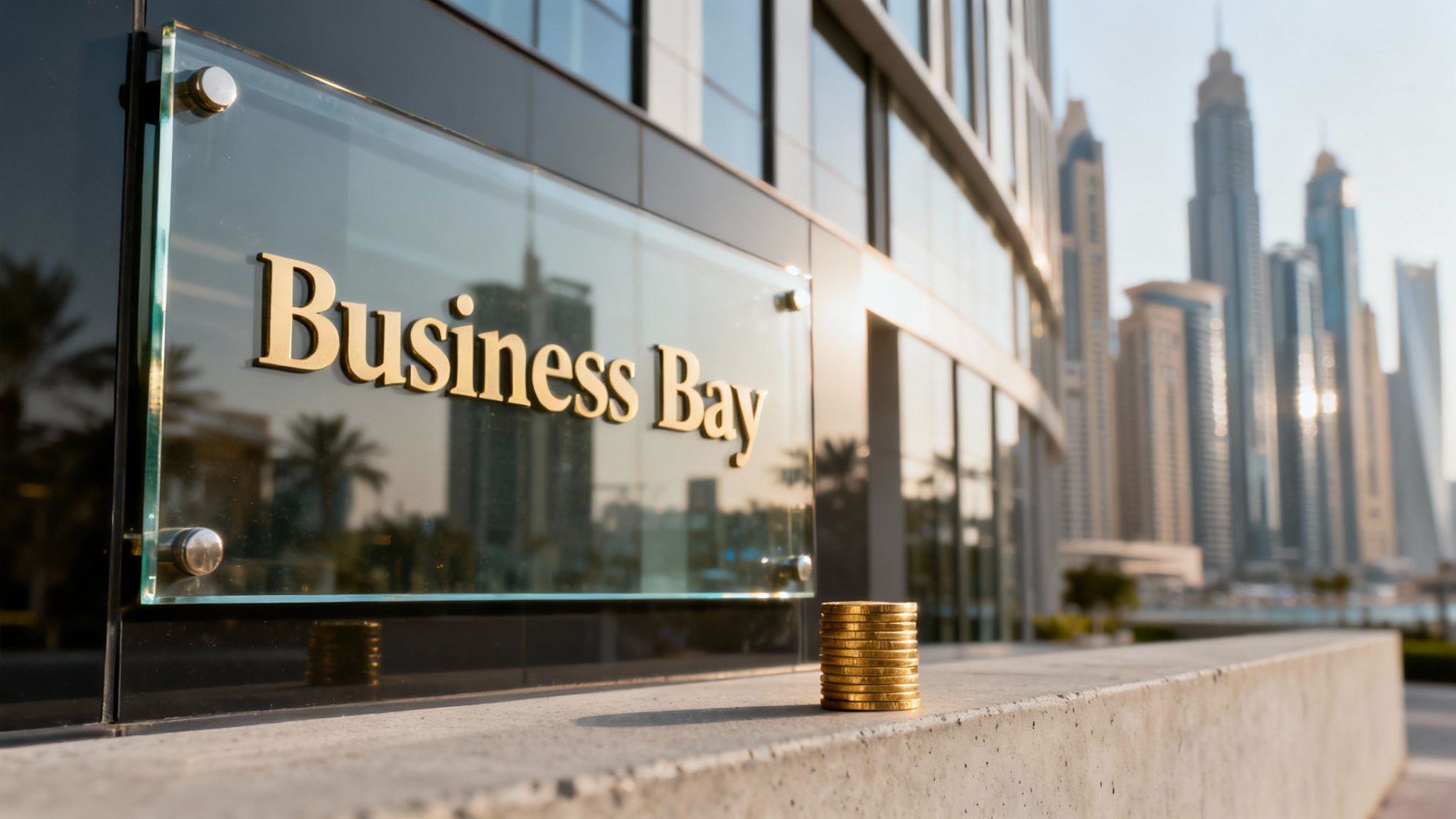 Golden Business Bay sign on a modern building with a stack of coins and Dubai skyscrapers.