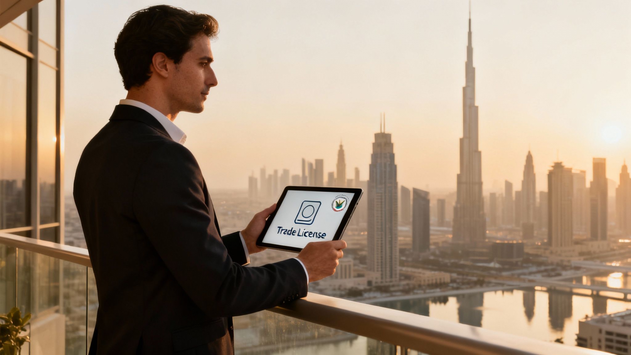 A businessman on a Dubai balcony holding a tablet with a 'Trade License' screen, overlooking the city at sunset.