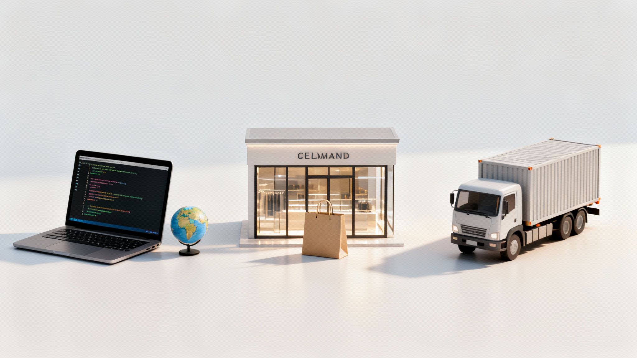 A laptop, globe, store, shopping bag, and truck depicting global e-commerce and logistics.