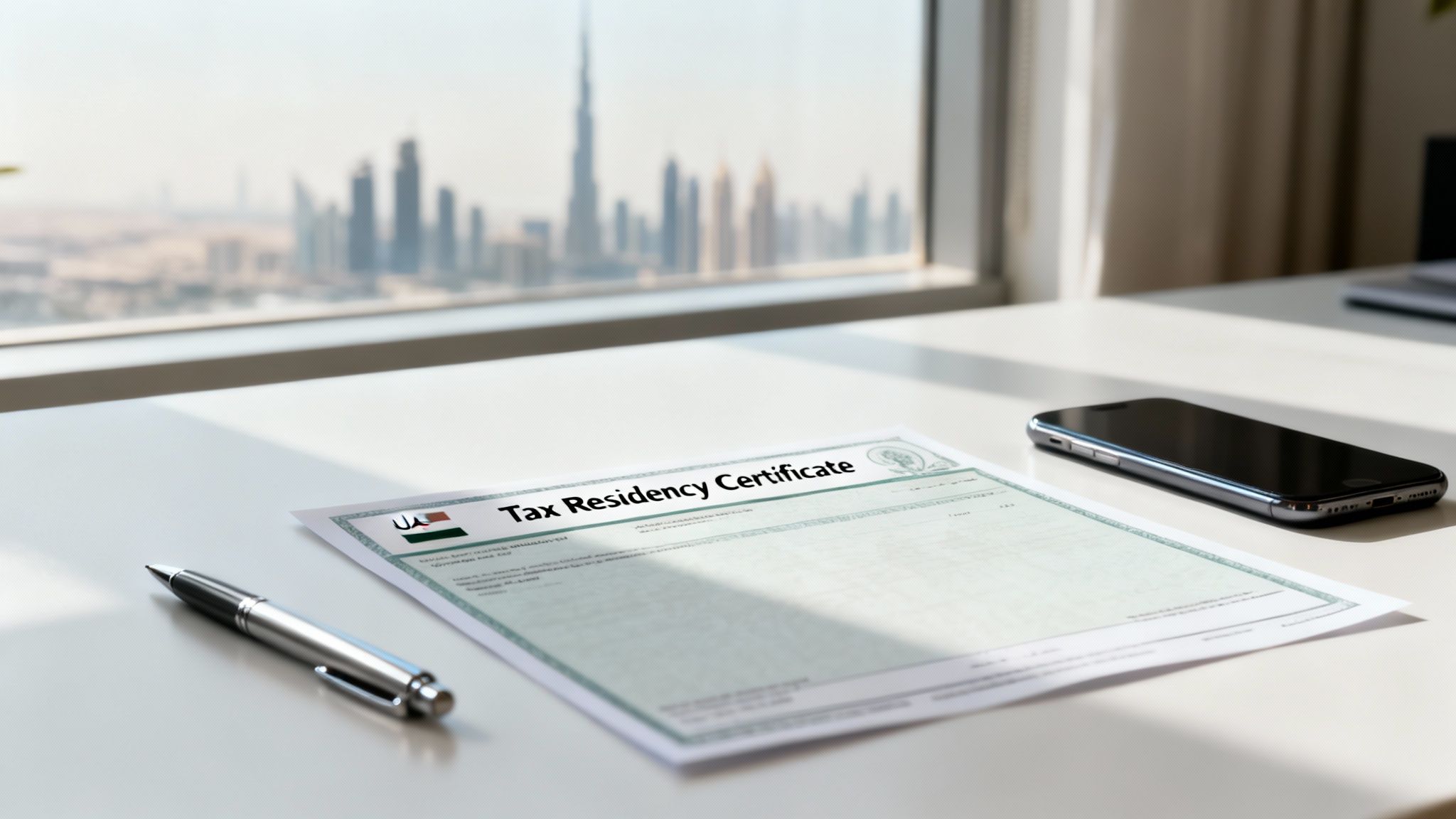 A UAE Tax Residency Certificate document on a white desk with a pen and phone, overlooking the Dubai skyline.