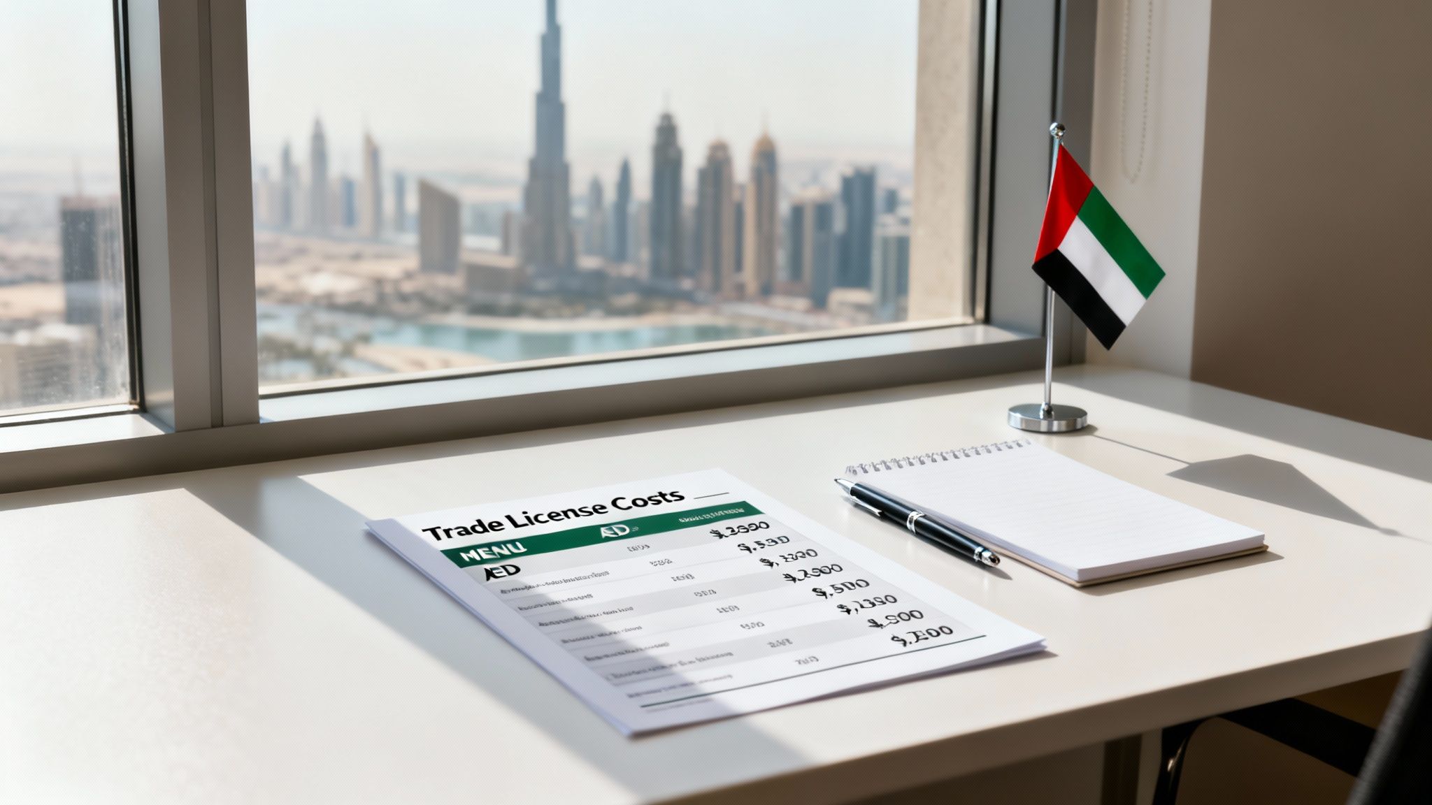 Document detailing 'Trade License Costs' on a desk with a UAE flag, overlooking the Dubai cityscape.