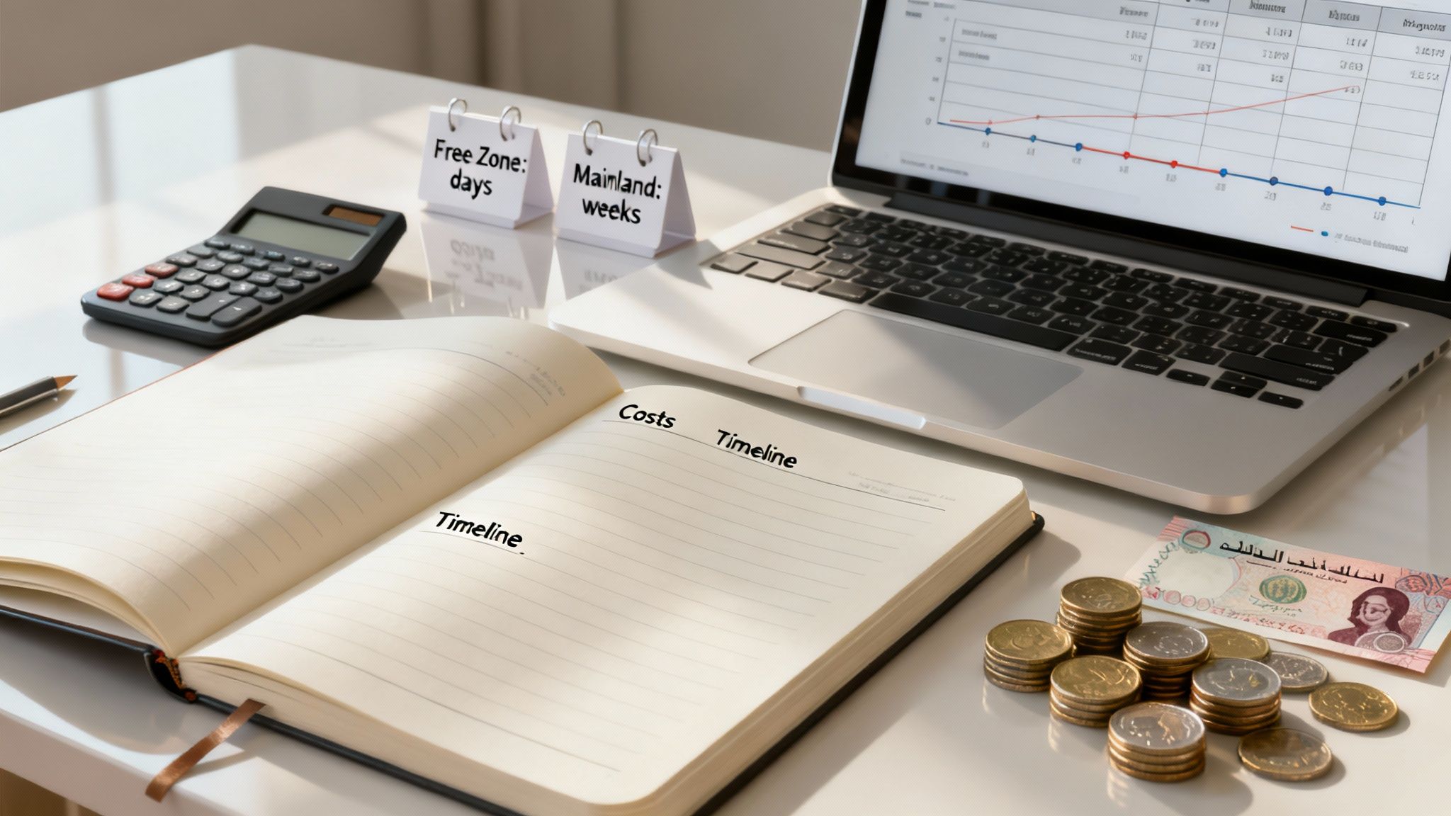 Business planning desk with notebook, calculator, laptop, and UAE currency, comparing free zone vs mainland timelines.