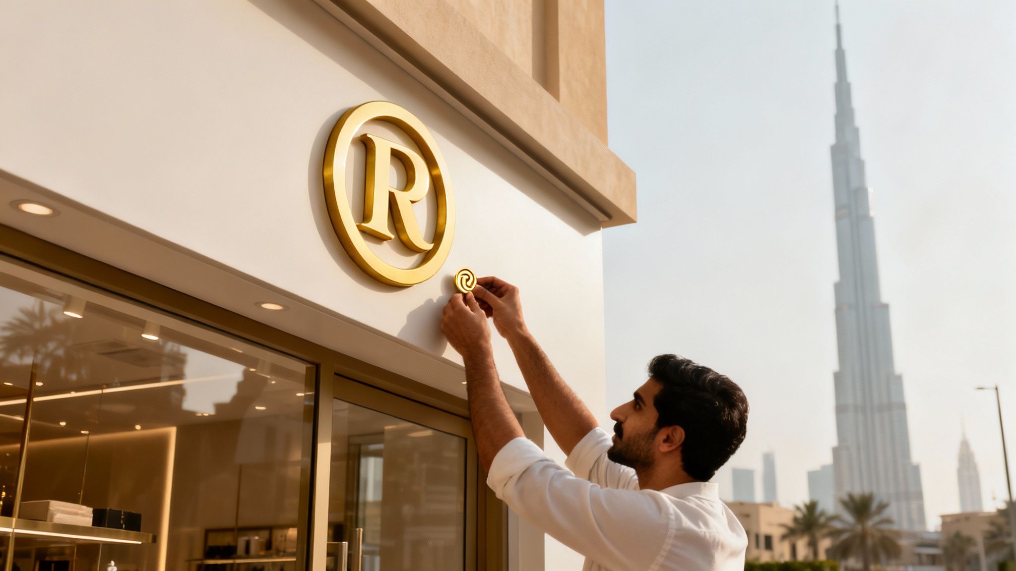 Man installs a golden swirl logo below an 'R' on a Dubai storefront, with Burj Khalifa in background.
