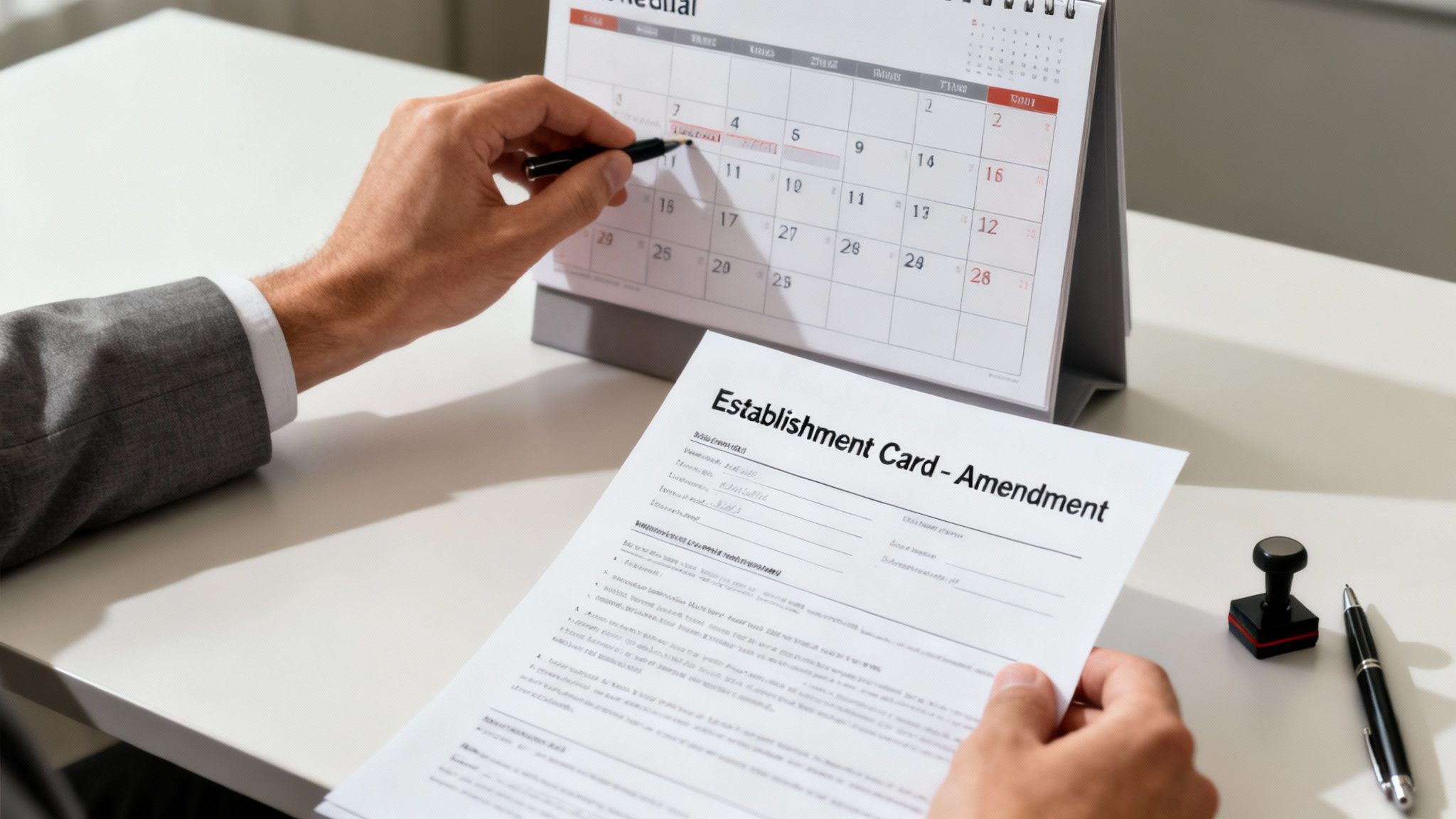 Businessman's hands marking a date on a calendar while reviewing an 'Establishment Card - Amendment' document.