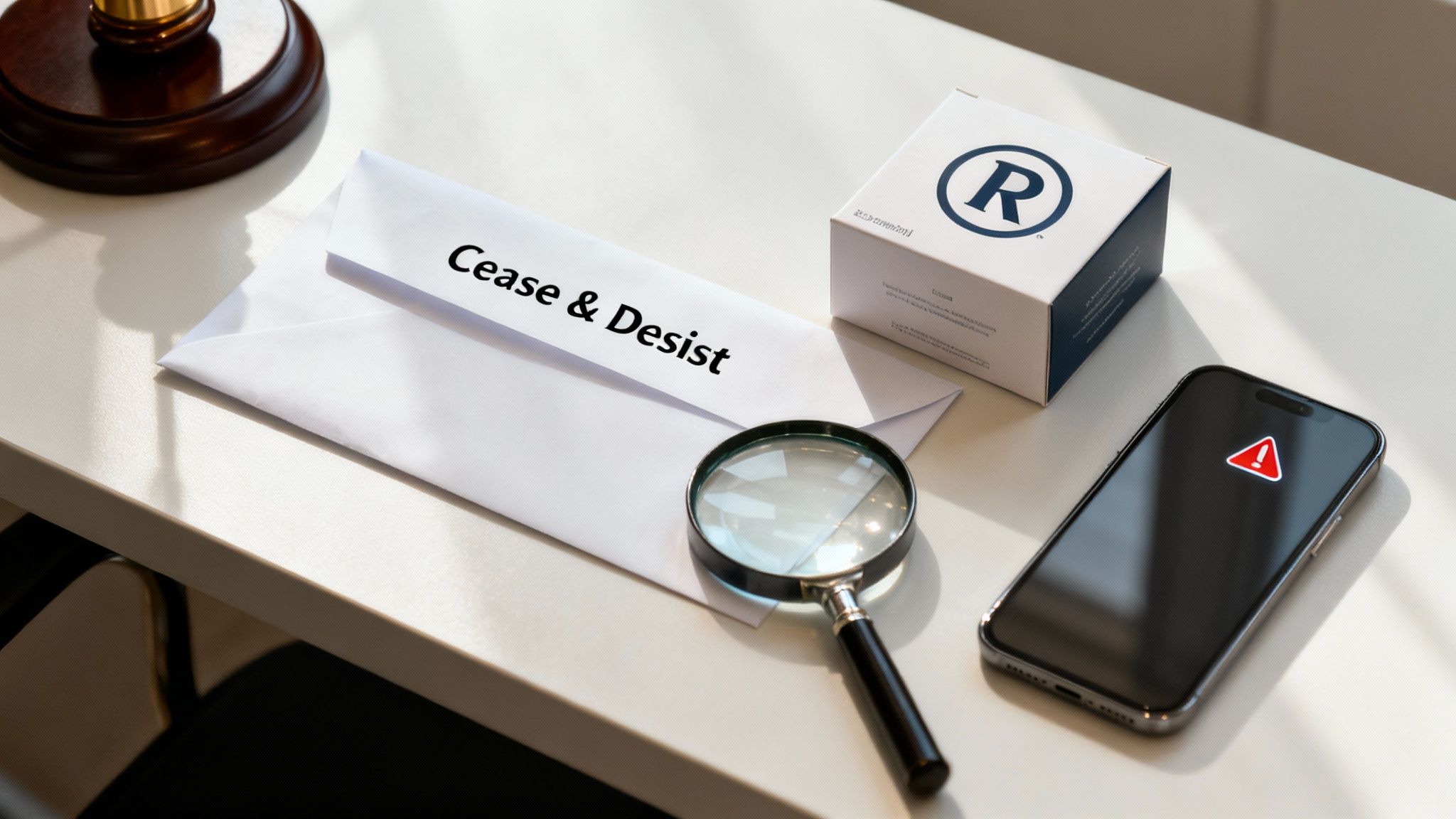 A 'Cease & Desist' letter on a desk with a trademark box, gavel, and warning phone.