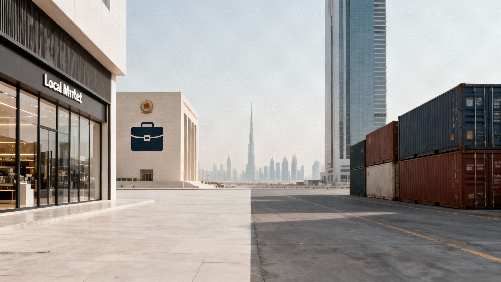 Split image contrasting a 'Local Market' and business building with shipping containers and Dubai skyline.