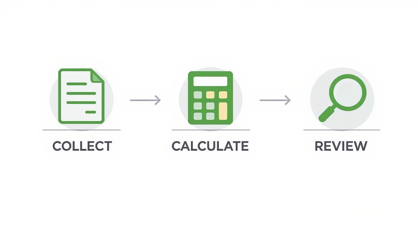 A three-step process flow: collect data, calculate results, and review information with icons.