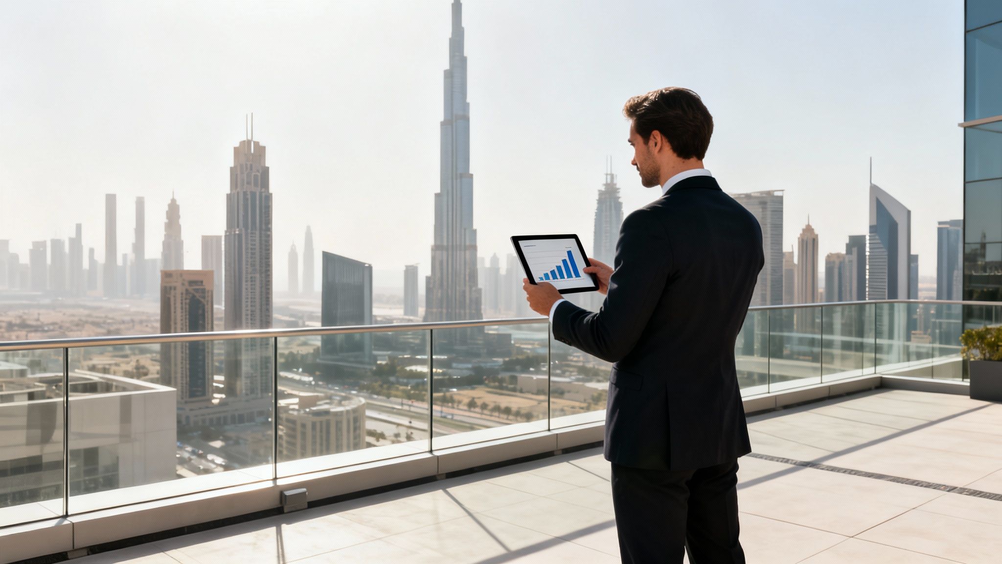 A businessman on a high-rise balcony in Dubai views a growing bar chart on his tablet.