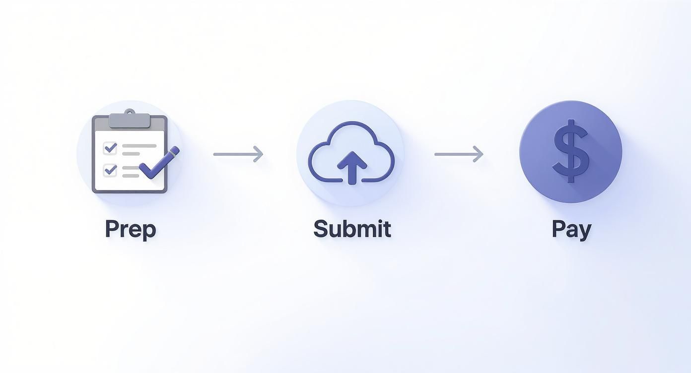 A three-step process flow diagram showing Prep, Submit, and Pay stages with icons.
