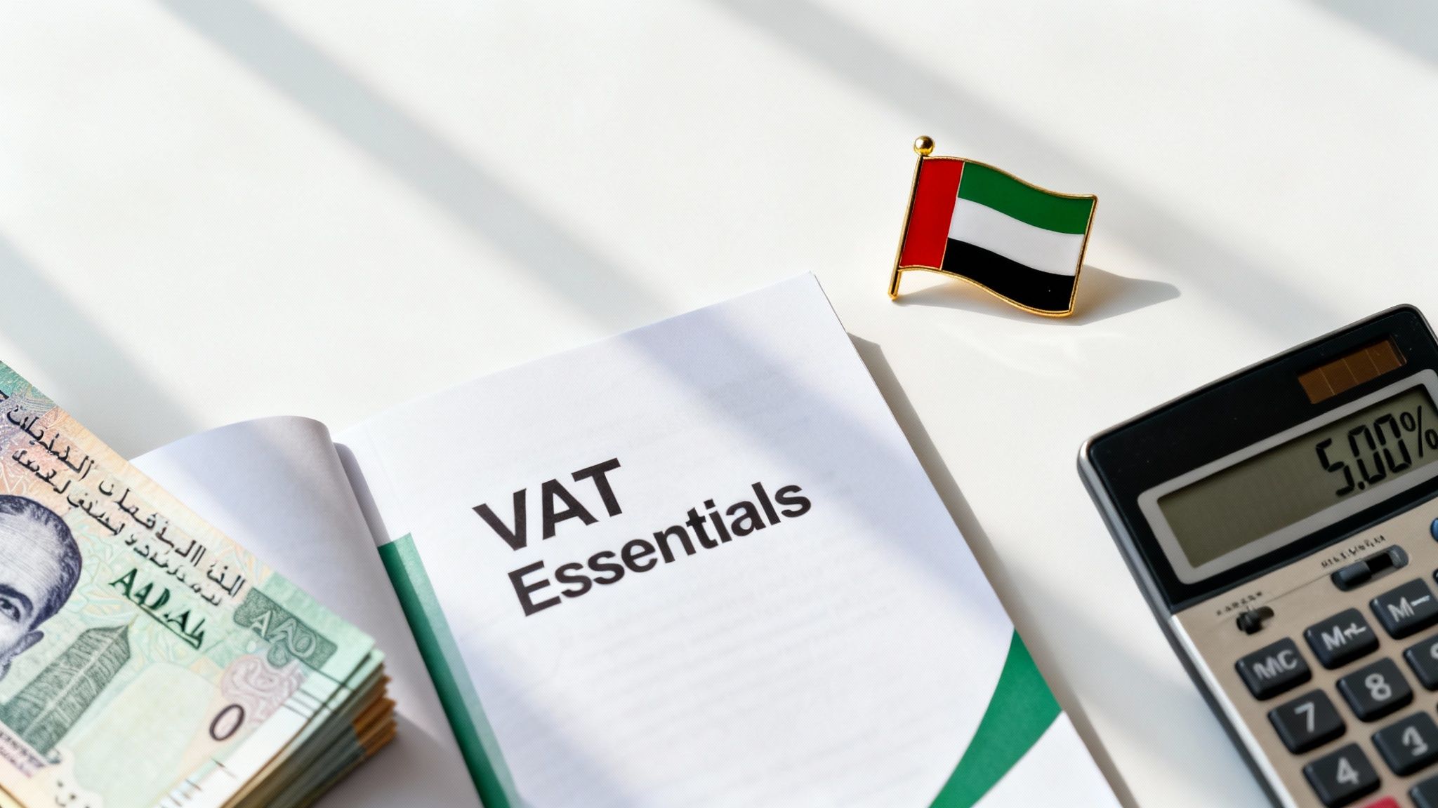 UAE flag pin, 'VAT Essentials' book, Dirham banknotes, and a calculator showing 5.00%.