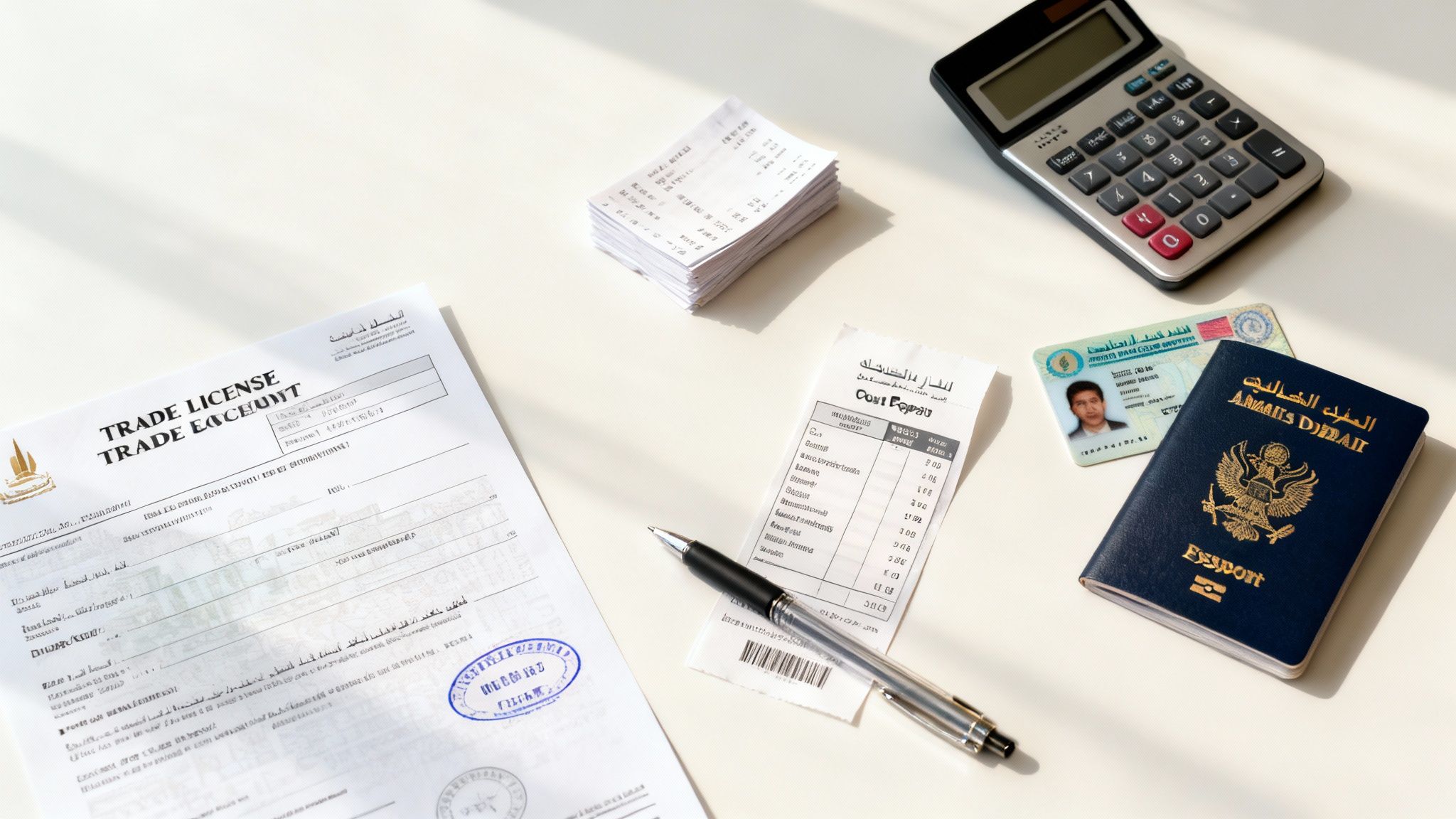 Desk with a trade license, passport, ID, calculator, receipts, and pen, suggesting business setup.