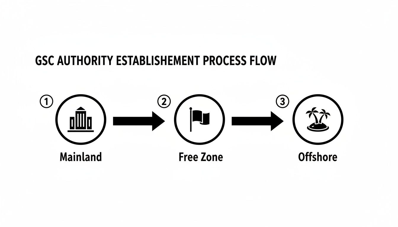 Process flow diagram showing the GSC authority establishment from Mainland to Free Zone and Offshore.