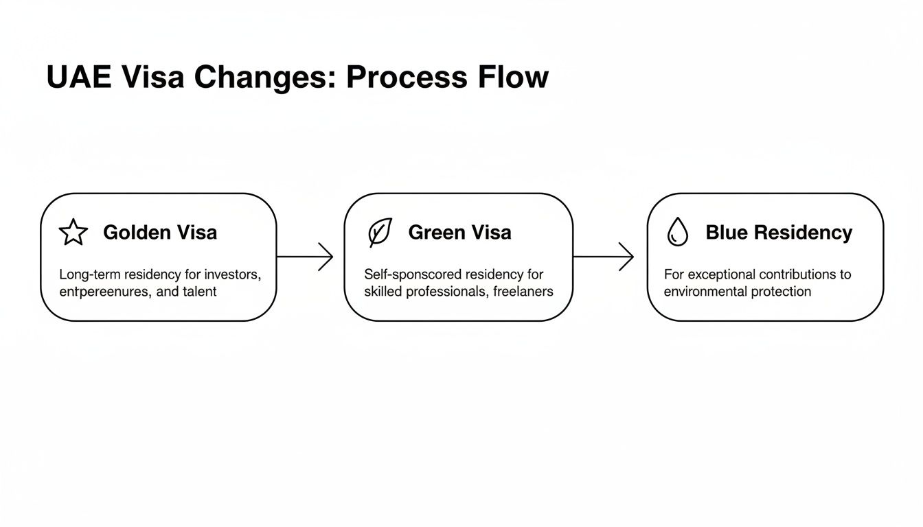 A process flow diagram showing UAE Visa Changes: Golden Visa, Green Visa, and Blue Residency with descriptions.
