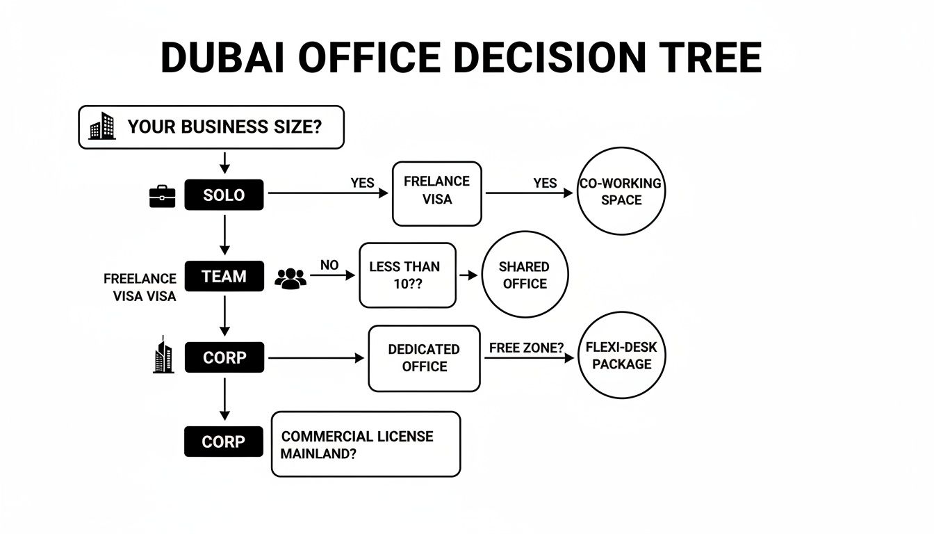 A decision tree flowchart for choosing suitable office spaces in Dubai based on business size and license type.