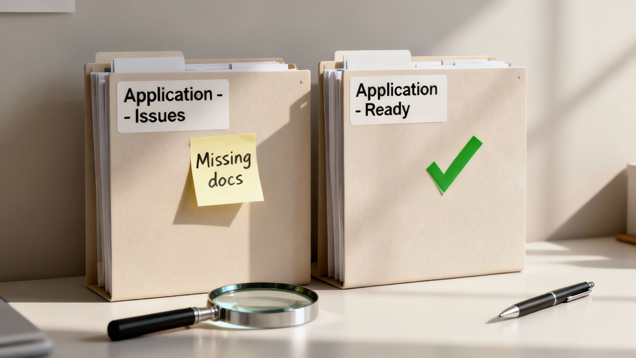 Two file folders on a desk, one for 'issues' with 'missing docs' and one 'ready' with a checkmark, beside a magnifying glass and a pen.