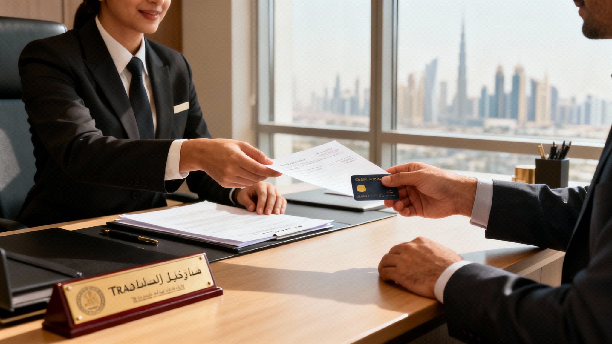 Professional exchange of documents and a credit card between two individuals in a modern Dubai office.