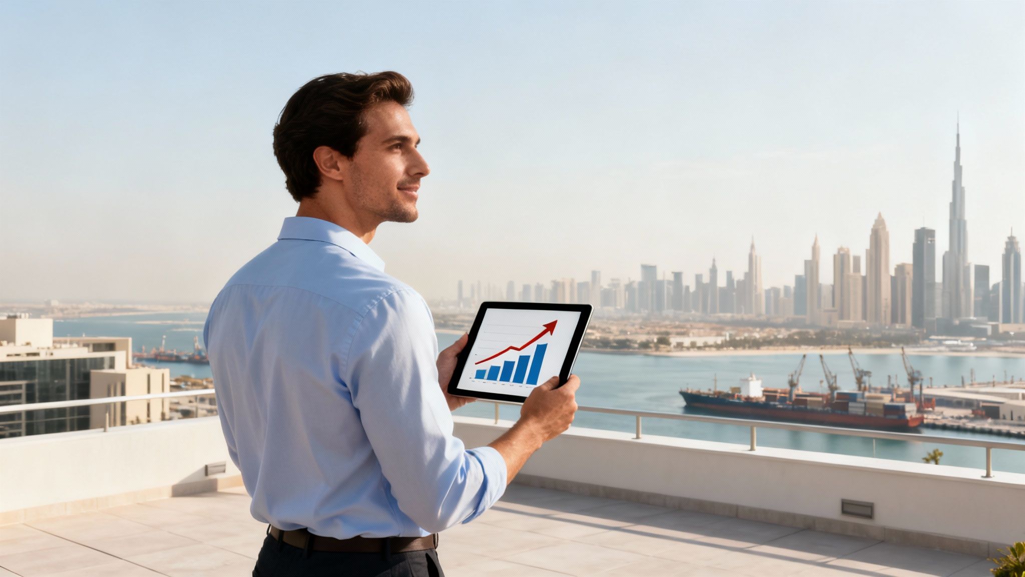 Businessman on a Dubai balcony holding a tablet with a growth chart, overlooking the city and port.