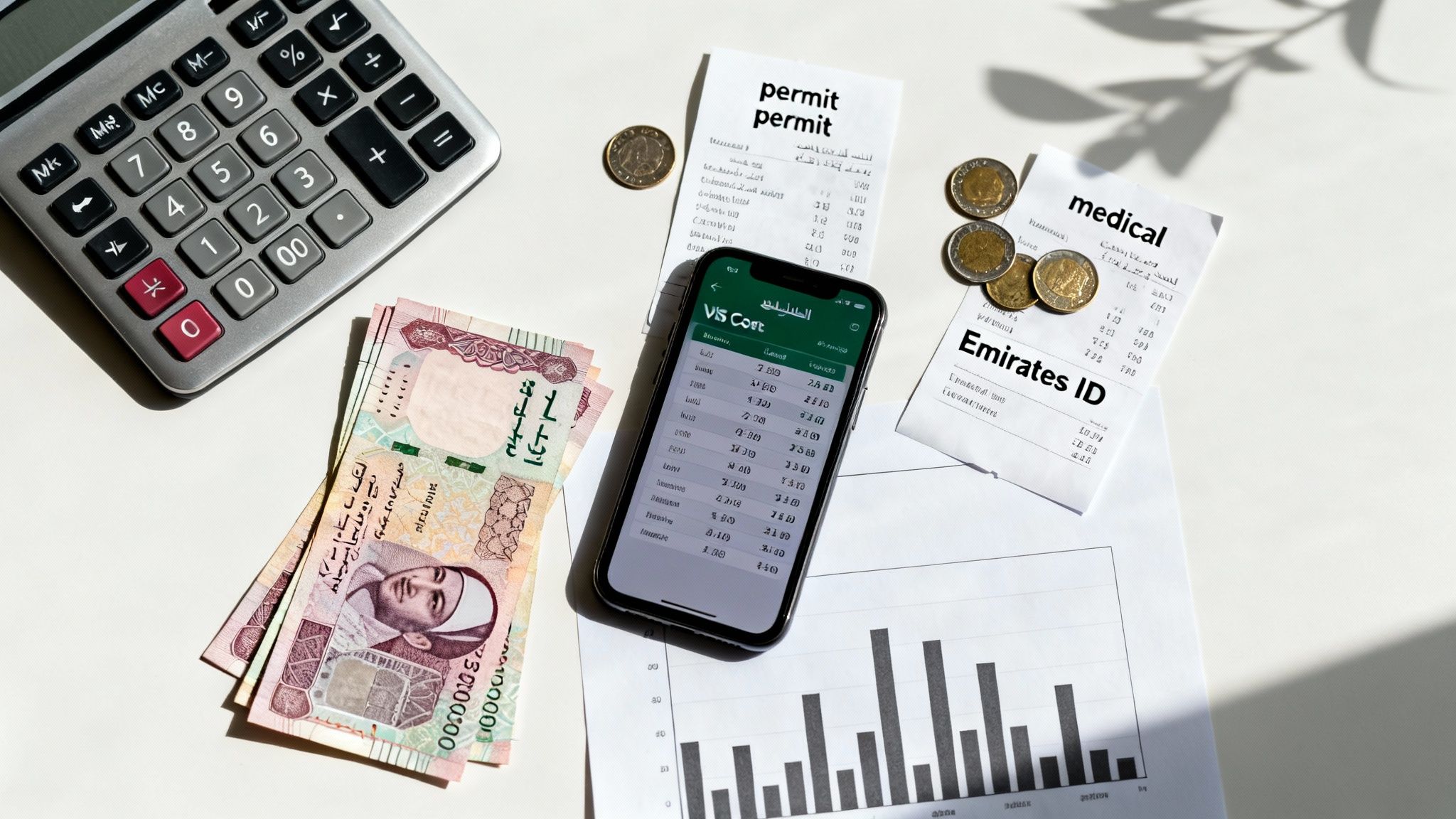 Overview of expenses for a freelance visa in Dubai, including money, receipts, and calculator.