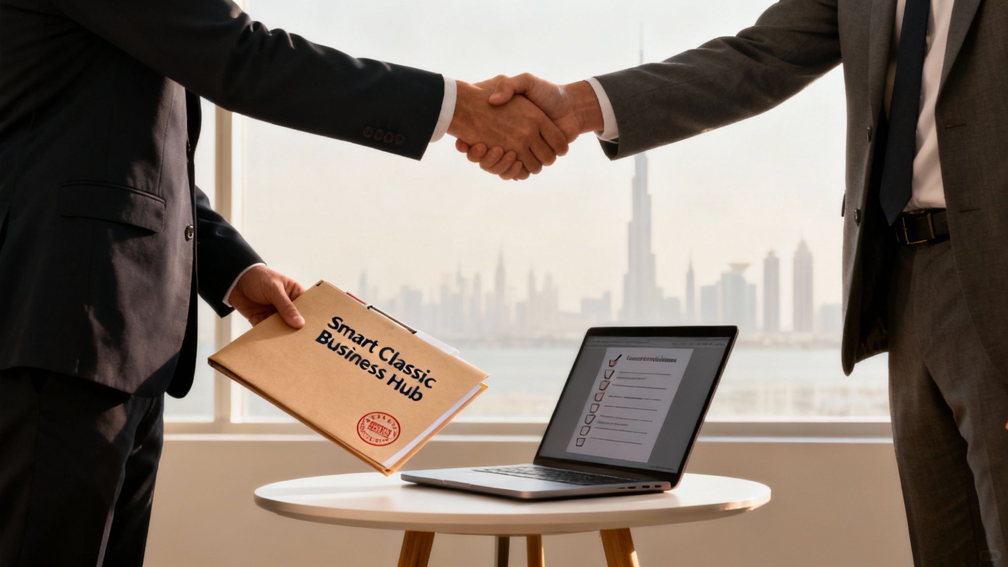 Two businessmen shake hands in front of a window with the Dubai skyline visible, one holds a folder.