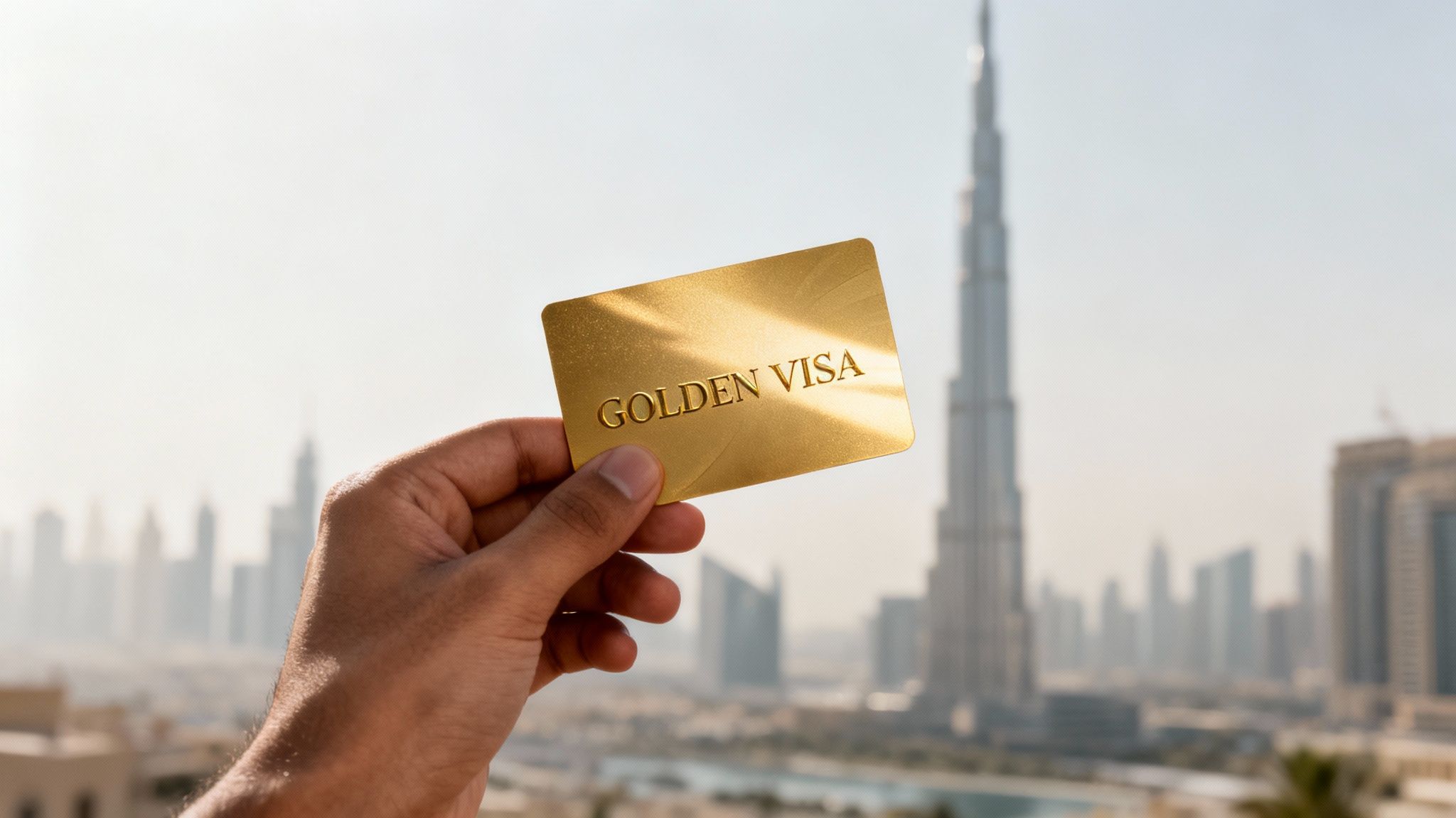 A hand holds a golden visa card against the backdrop of the iconic Dubai skyline and Burj Khalifa.