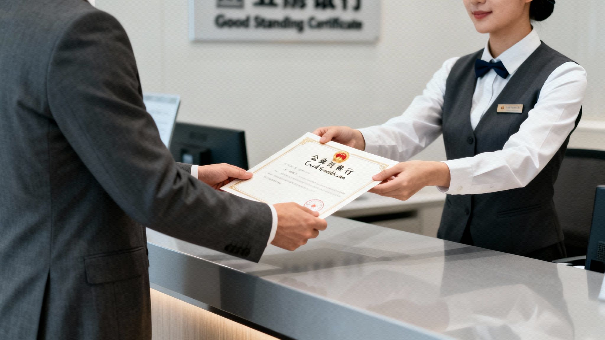 A customer in a suit receives a 'Good Standing Certificate' from a friendly bank teller at a service counter.