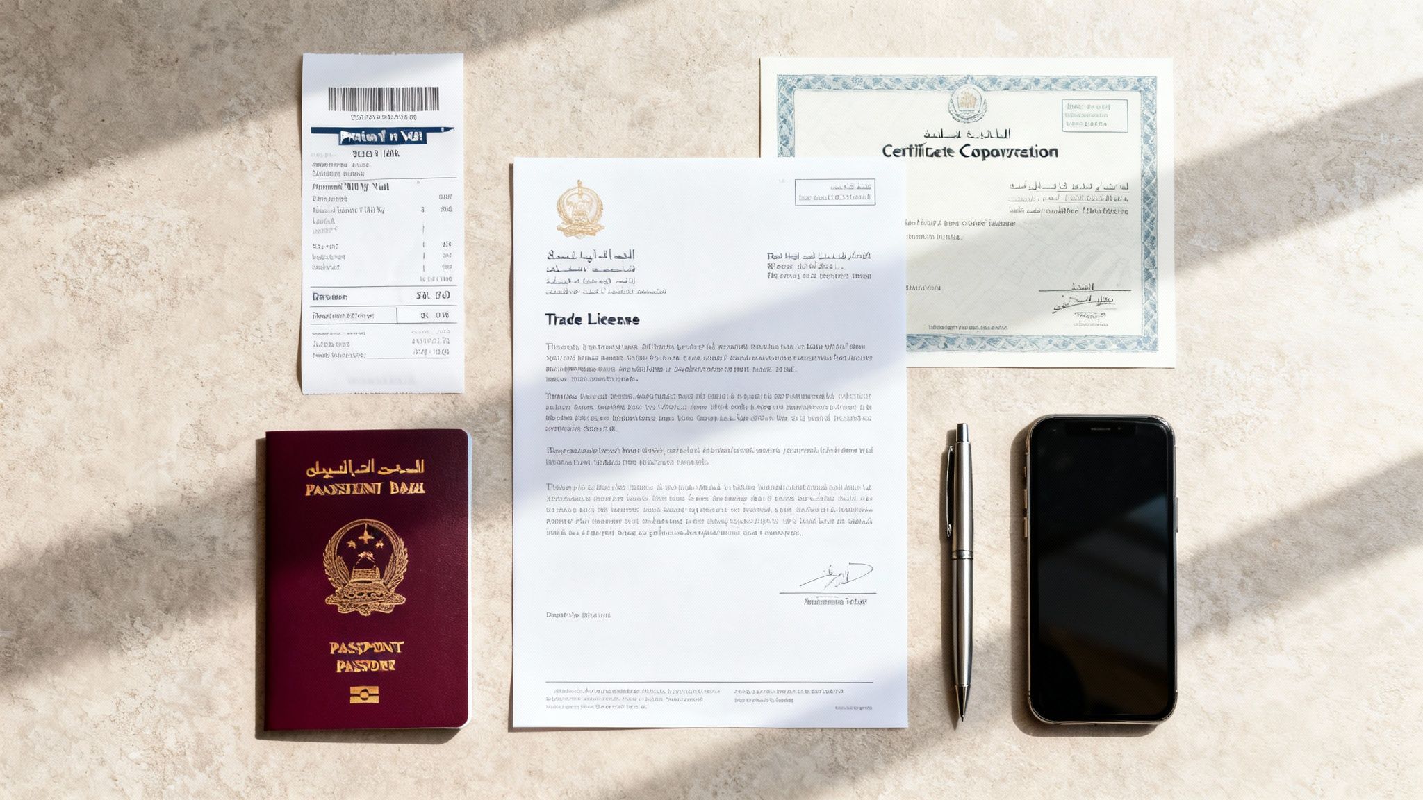 Overhead view of essential business documents: passport, trade license, certificate, and a receipt on a desk.