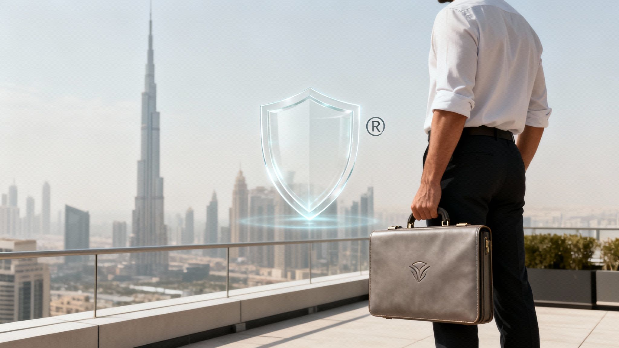 Businessman with briefcase and glowing trademark shield overlooking the Dubai cityscape.