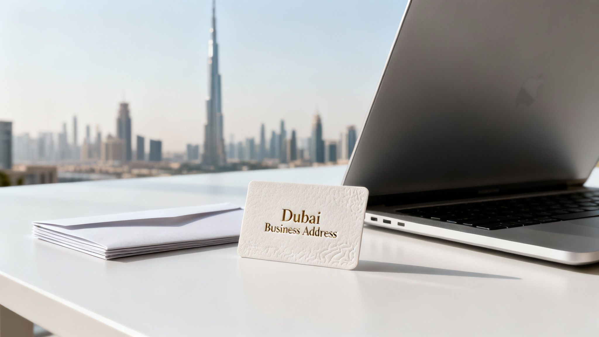 A 'Dubai Business Address' card, envelopes, and a laptop on a table with the blurred Dubai skyline.