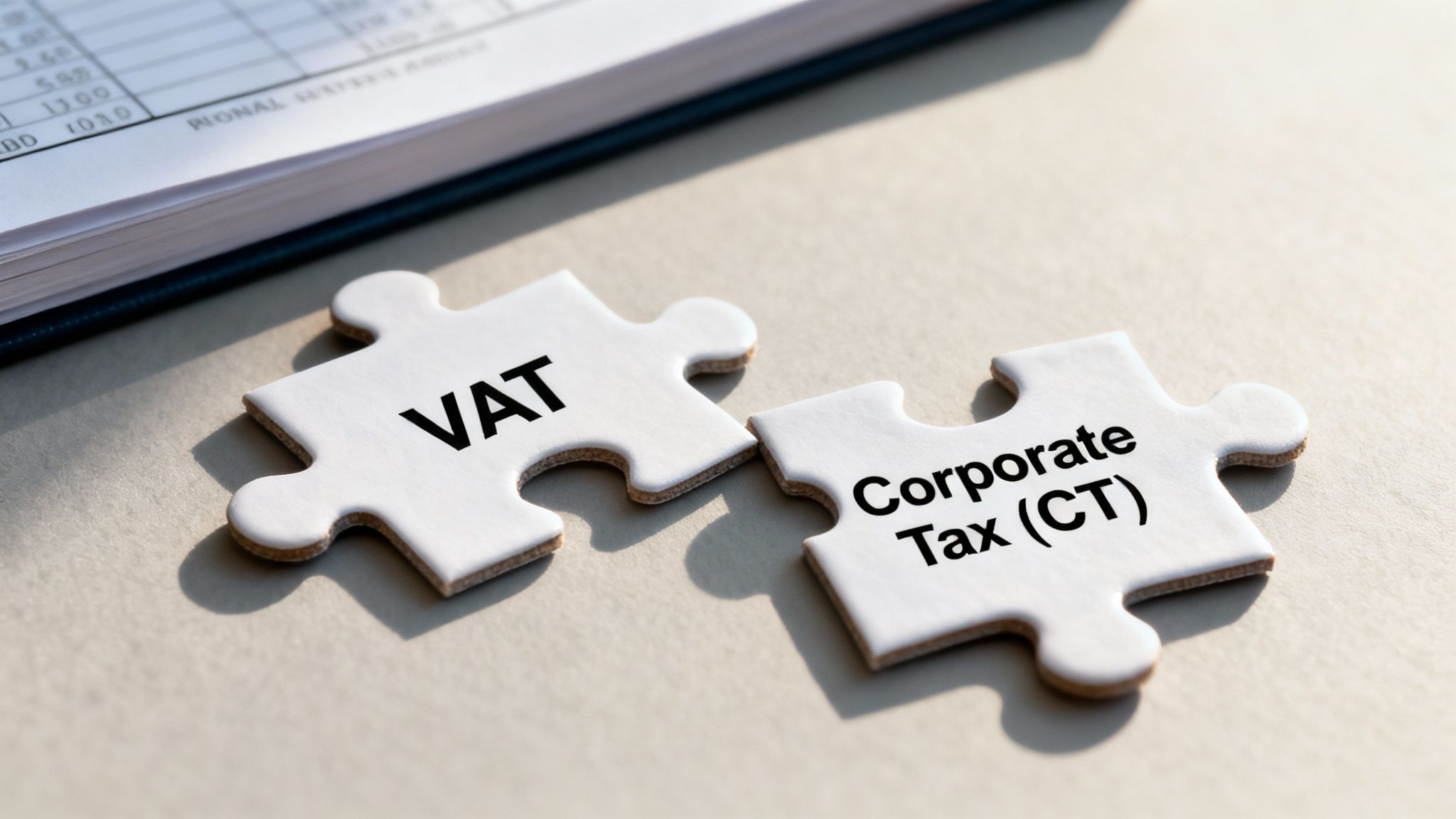 Two puzzle pieces labeled 'VAT' and 'Corporate Tax (CT)' next to a financial document.