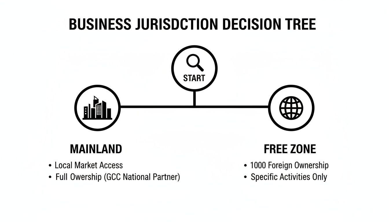 A business jurisdiction decision tree comparing Mainland and Free Zone options with their key features.