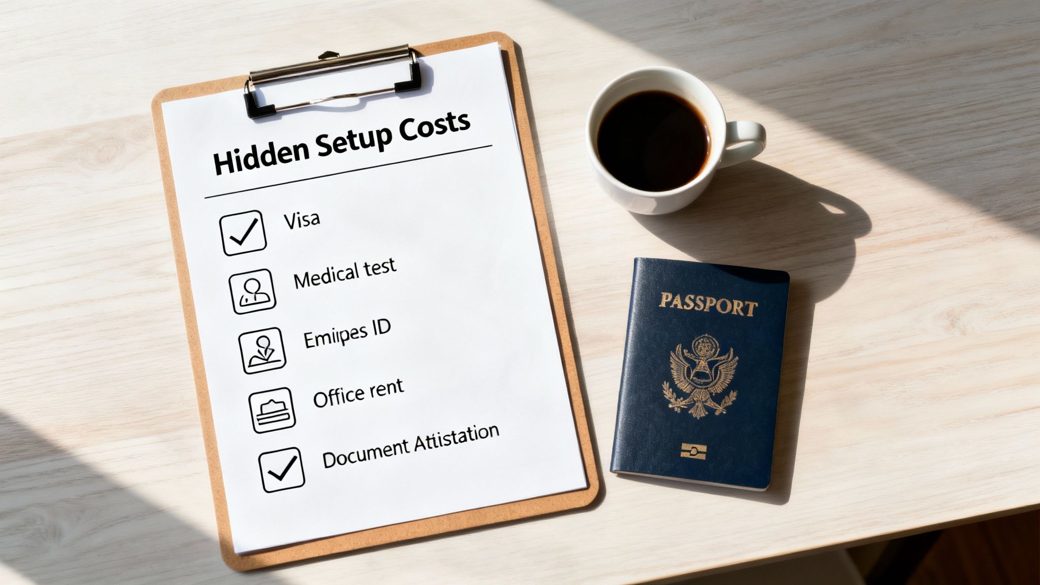 A clipboard with a checklist titled 'Hidden Setup Costs', a passport, and a coffee cup on a wooden desk.