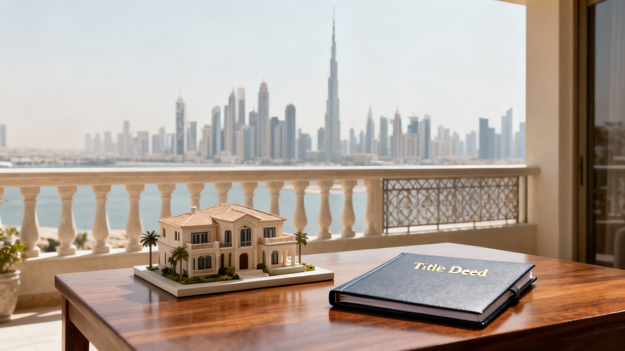 A miniature house model and a 'Title Deed' book on a balcony table with a clear Dubai cityscape view.