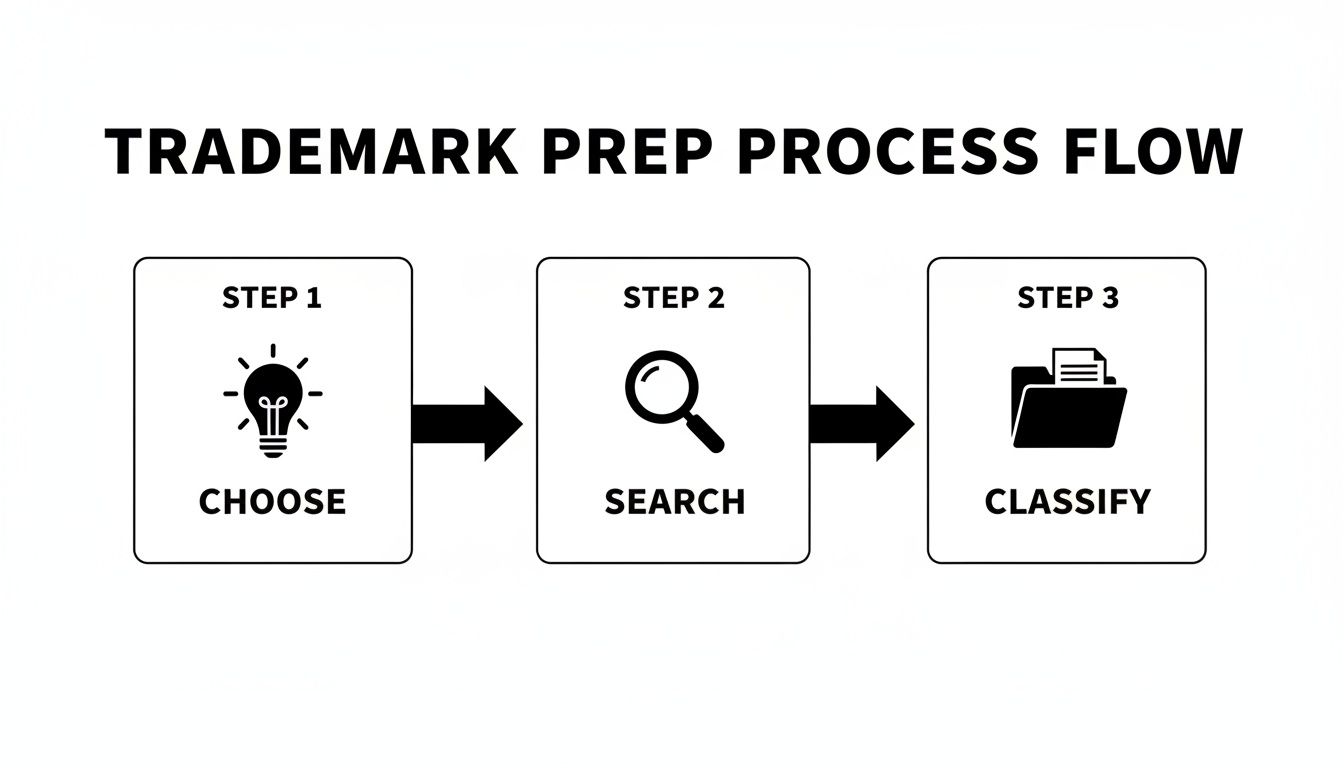 Flowchart showing the 3-step trademark preparation process: Choose, Search, and Classify.