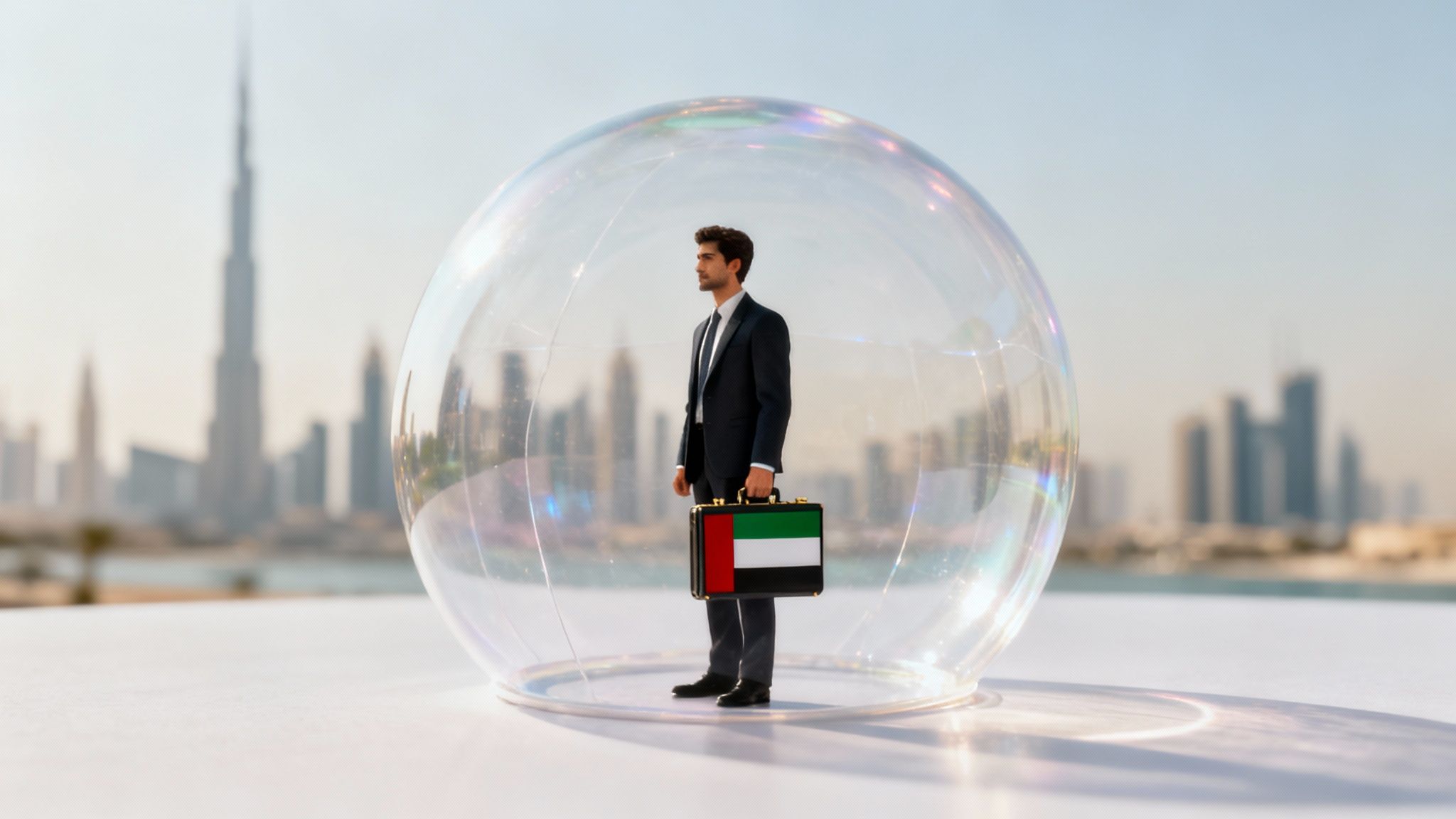 A businessman holds a UAE flag briefcase inside a clear bubble, overlooking the Dubai skyline and Burj Khalifa.