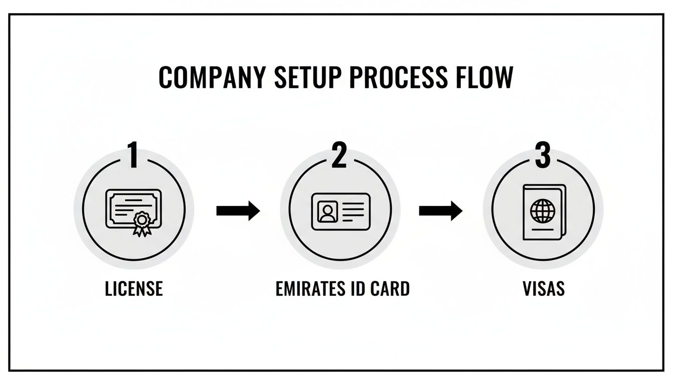 Flowchart showing three steps for company setup: license, Emirates ID card, and visas.