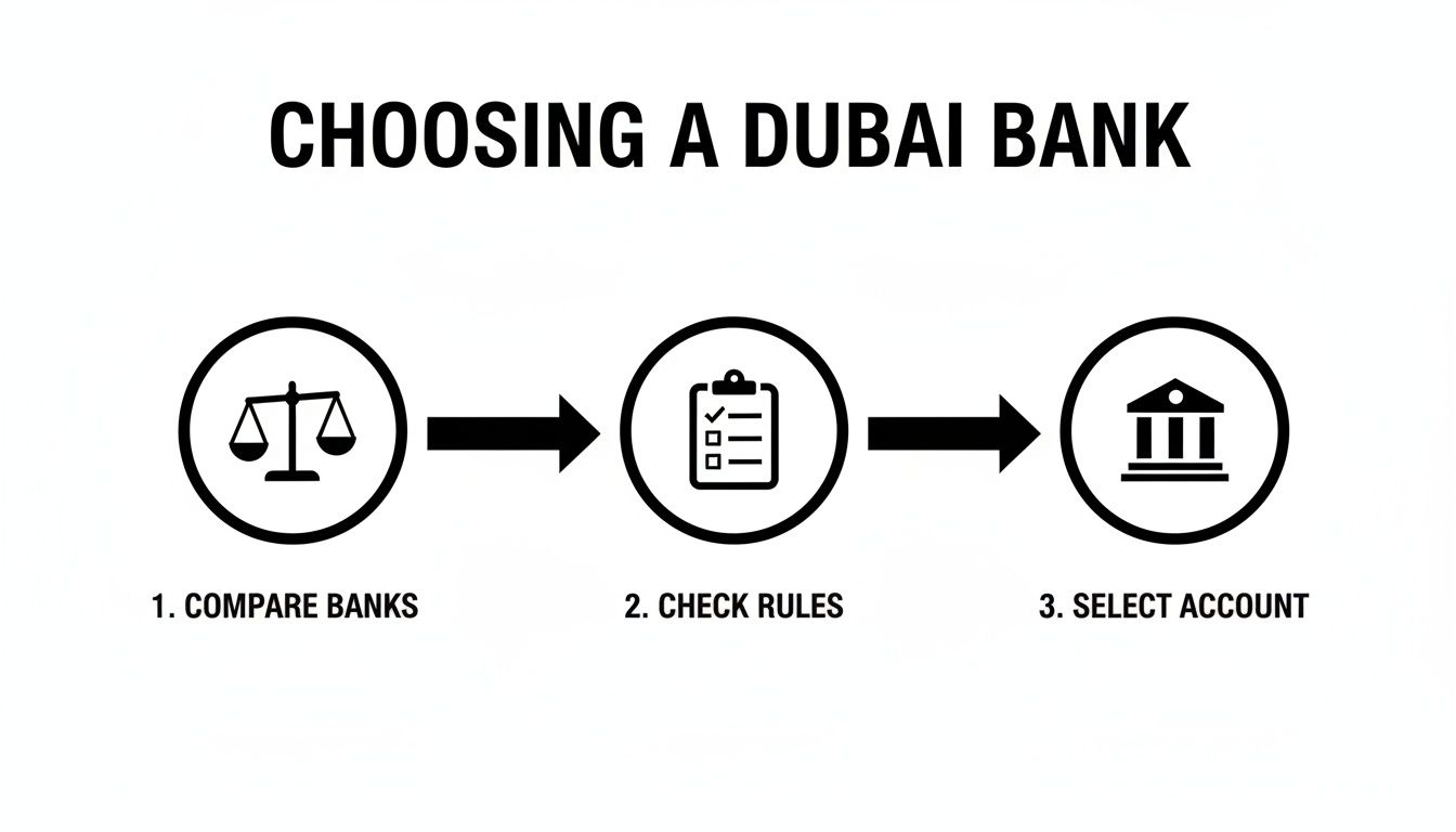 A diagram illustrating three steps to choose a Dubai bank: compare banks, check rules, and select account.
