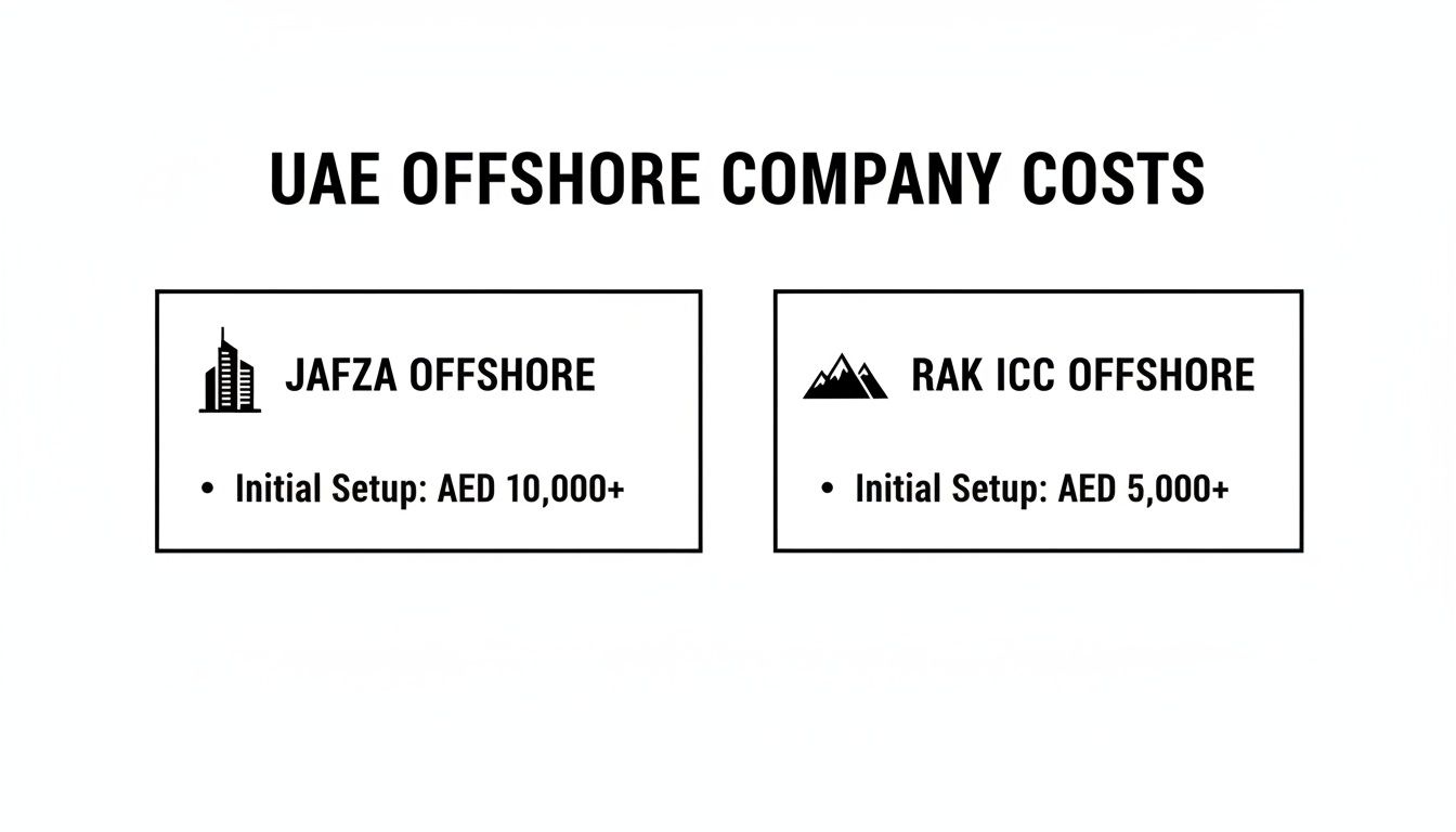 Comparison of UAE offshore company setup costs for JAFZA and RAK ICC, detailing initial fees.