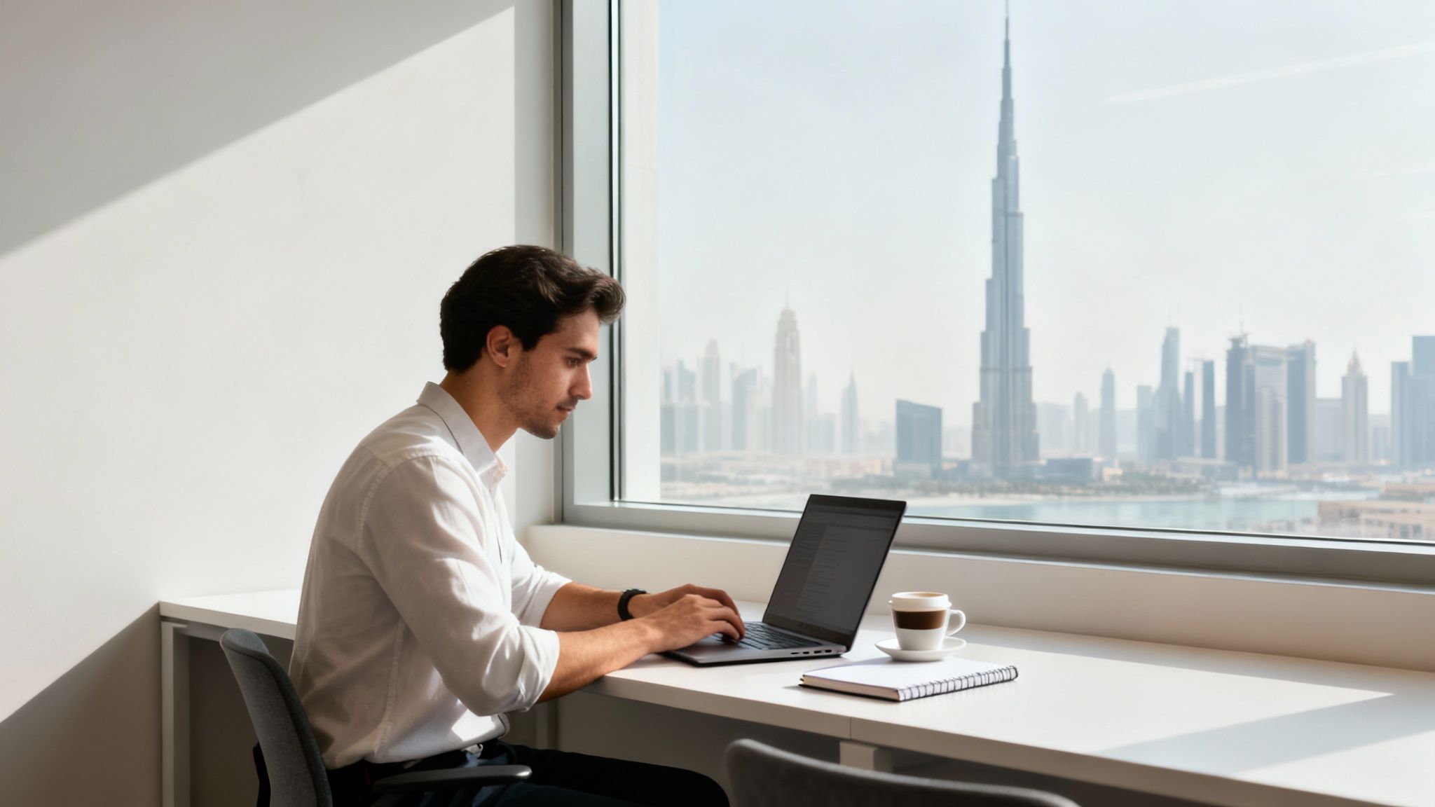 A man works on a laptop at a desk with a city skyline view including Burj Khalifa.