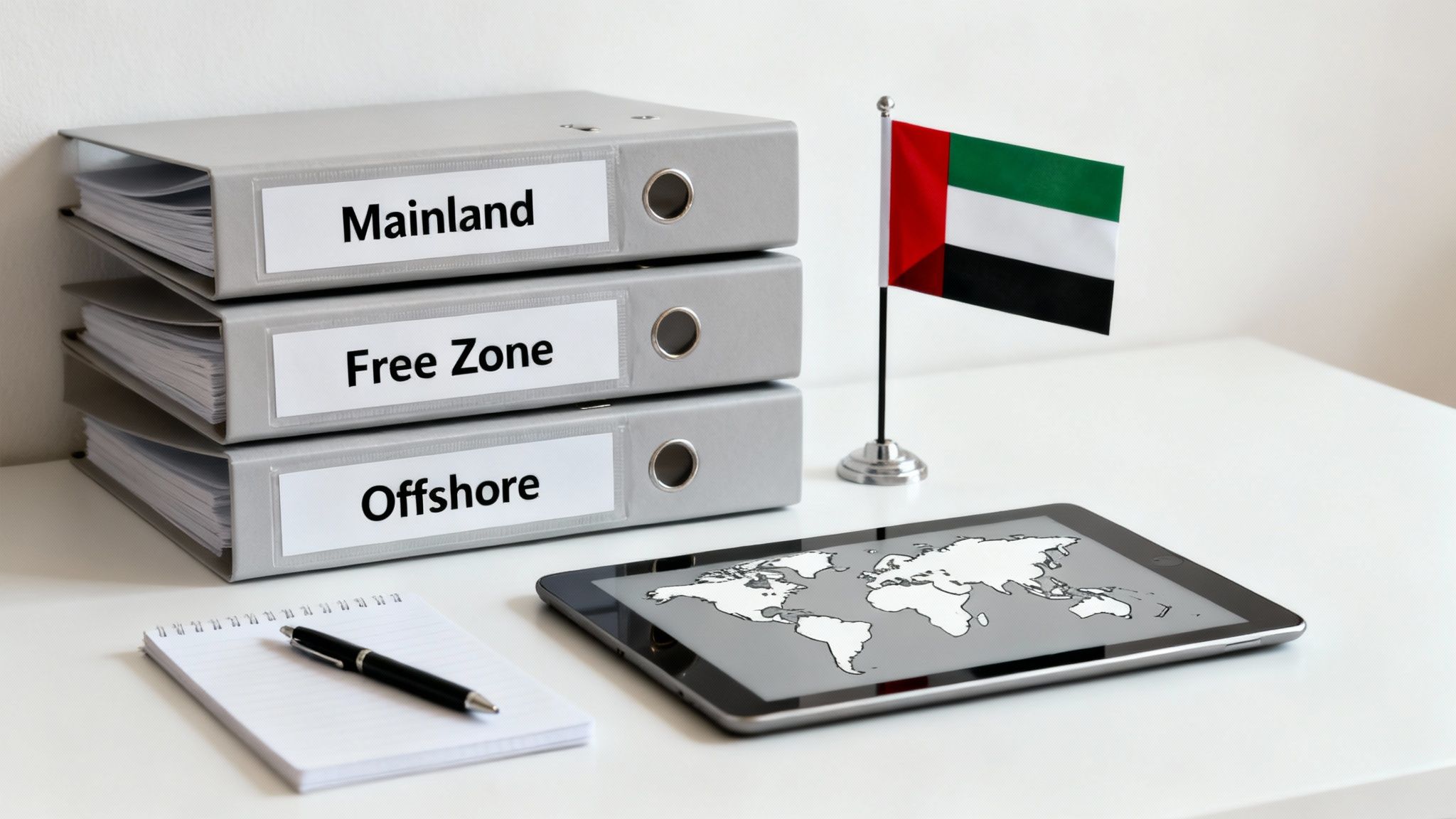 Three binders labeled Mainland, Free Zone, Offshore, with a UAE flag and a world map on a tablet.